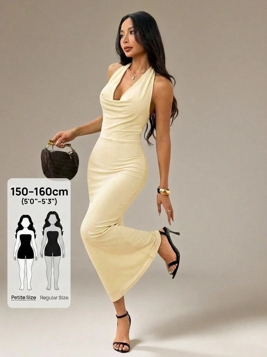 PETITE Women's Elegant Black Summer Bodycon Maxi Dress,Mesh Halter