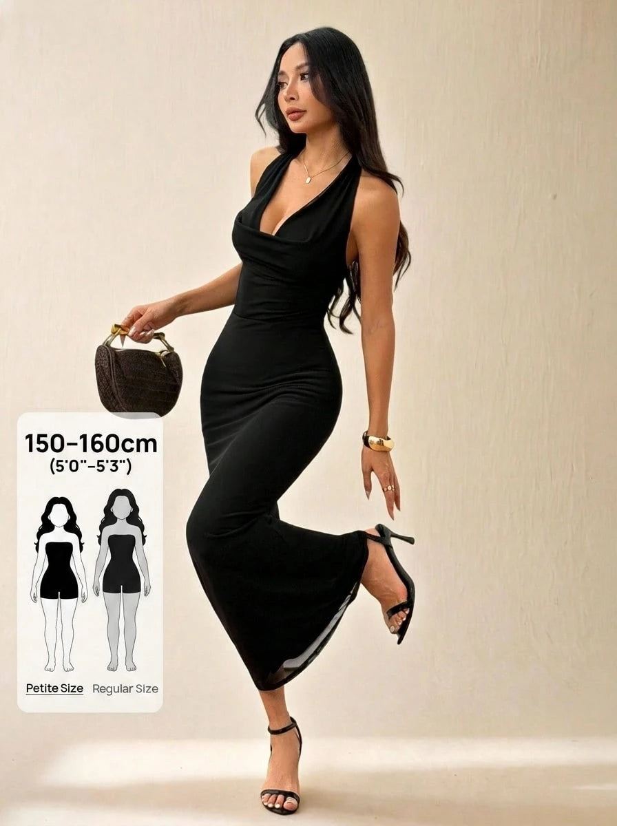 PETITE Women's Elegant Black Summer Bodycon Maxi Dress,Mesh Halter