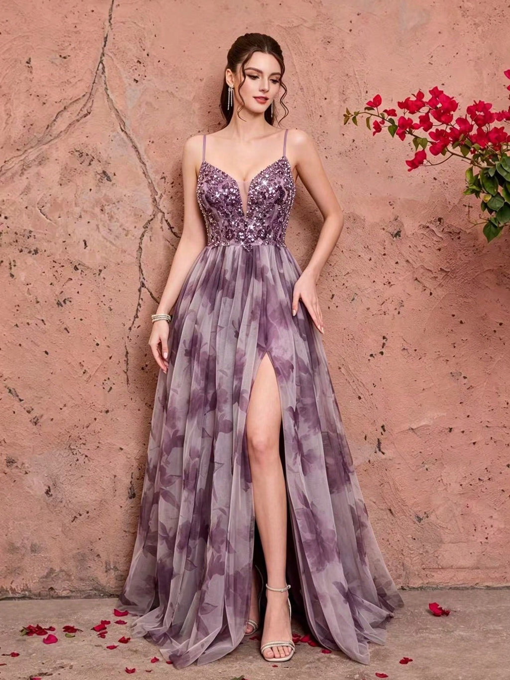 Purple Floral Print Sequin Spaghetti Strap A-Line Tulle Maxi Dress, Elegant Summer Evening Gown, Suitable For
