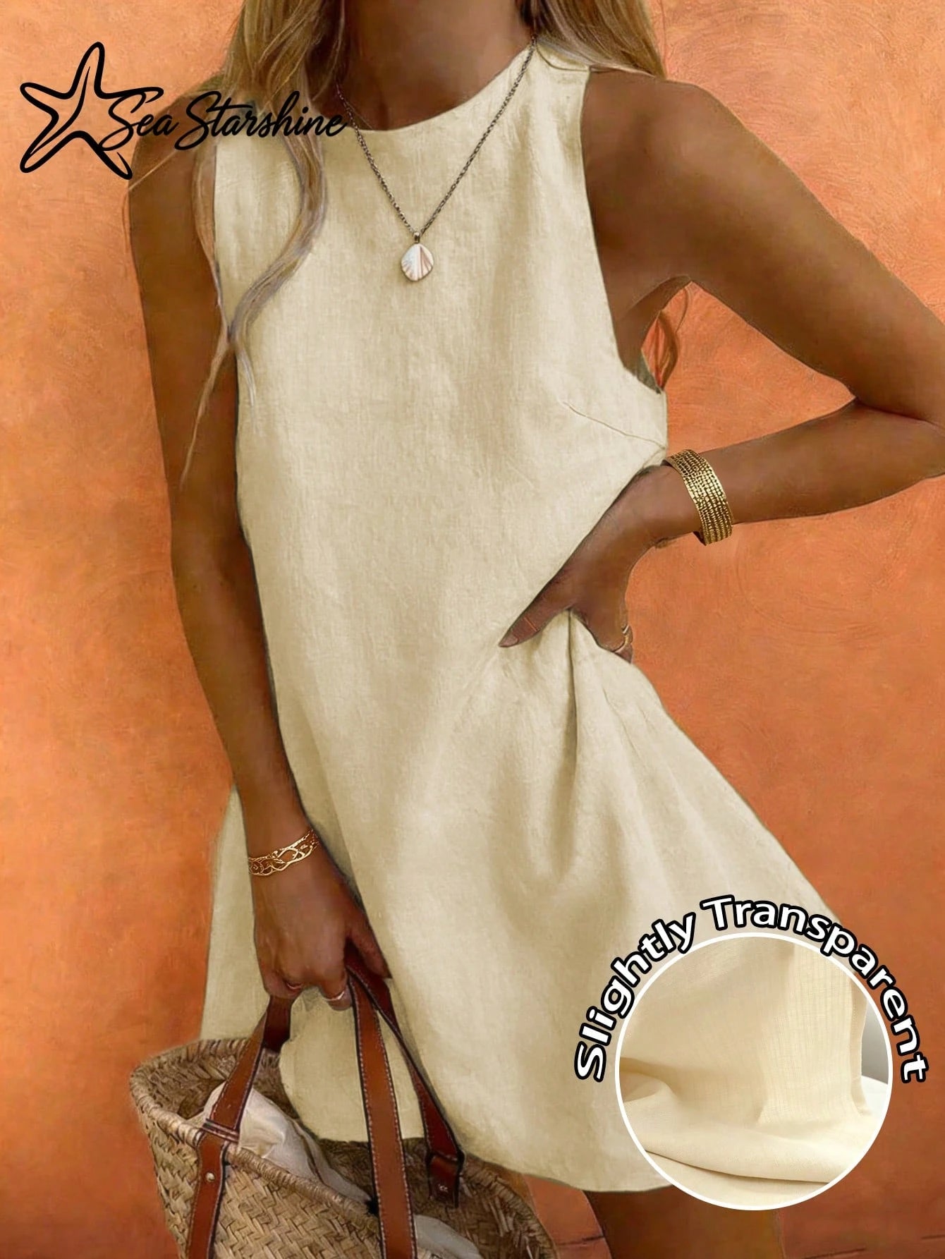 Starfish Women's Fashionable Versatile Elegant Casual Crew Neck Sleeveless Khaki Dress, Suitable For Spring - image 19