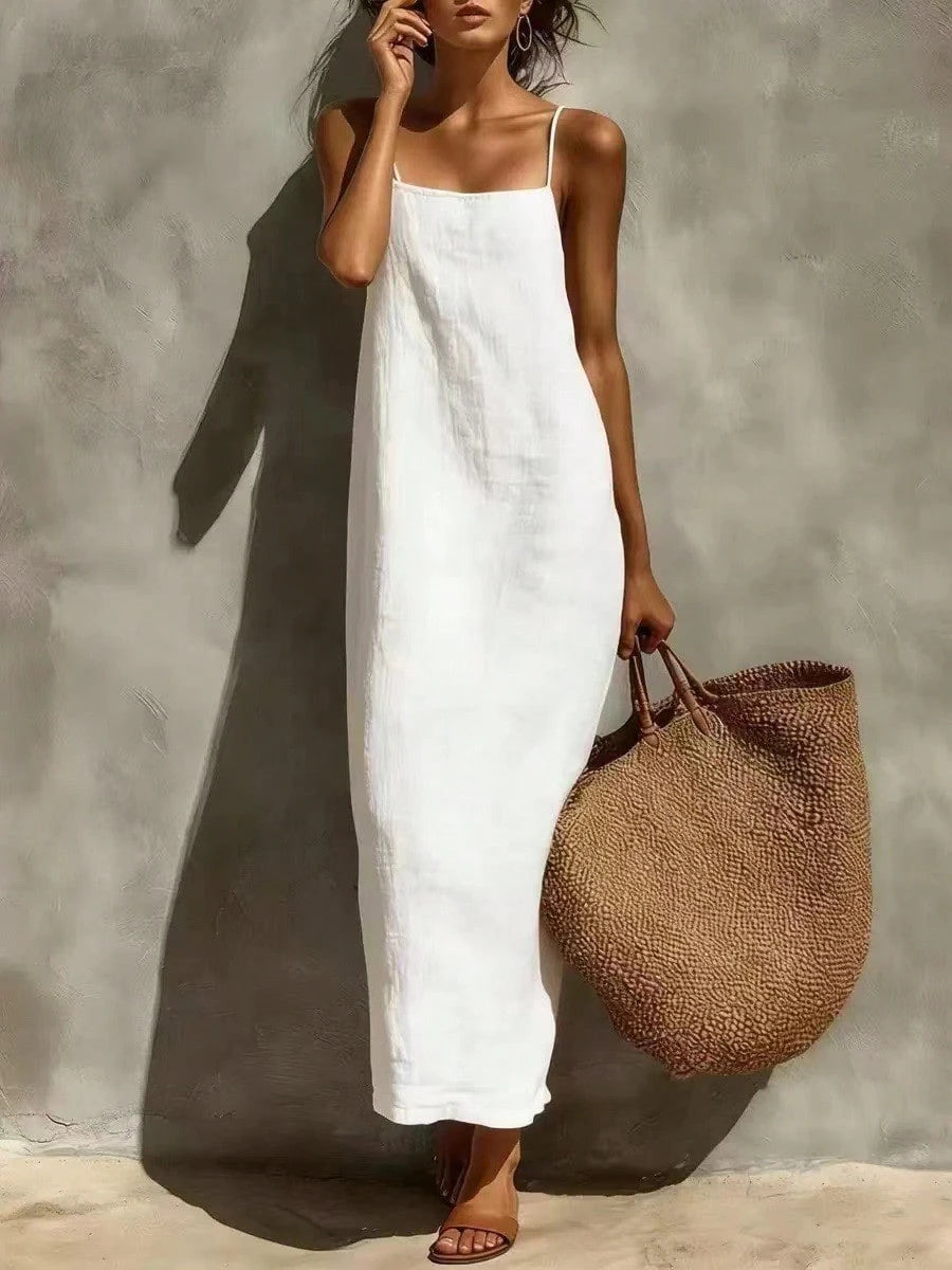 KZKZWK Women's Linen Blend Slip Maxi Dress, Square Neck Sleeveless
