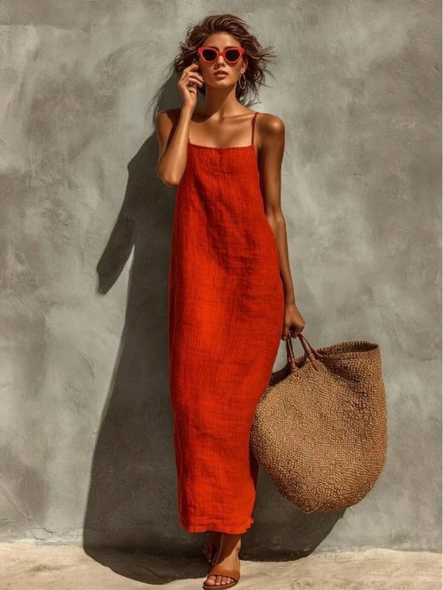 KZKZWK Women's Linen Blend Slip Maxi Dress, Square Neck Sleeveless