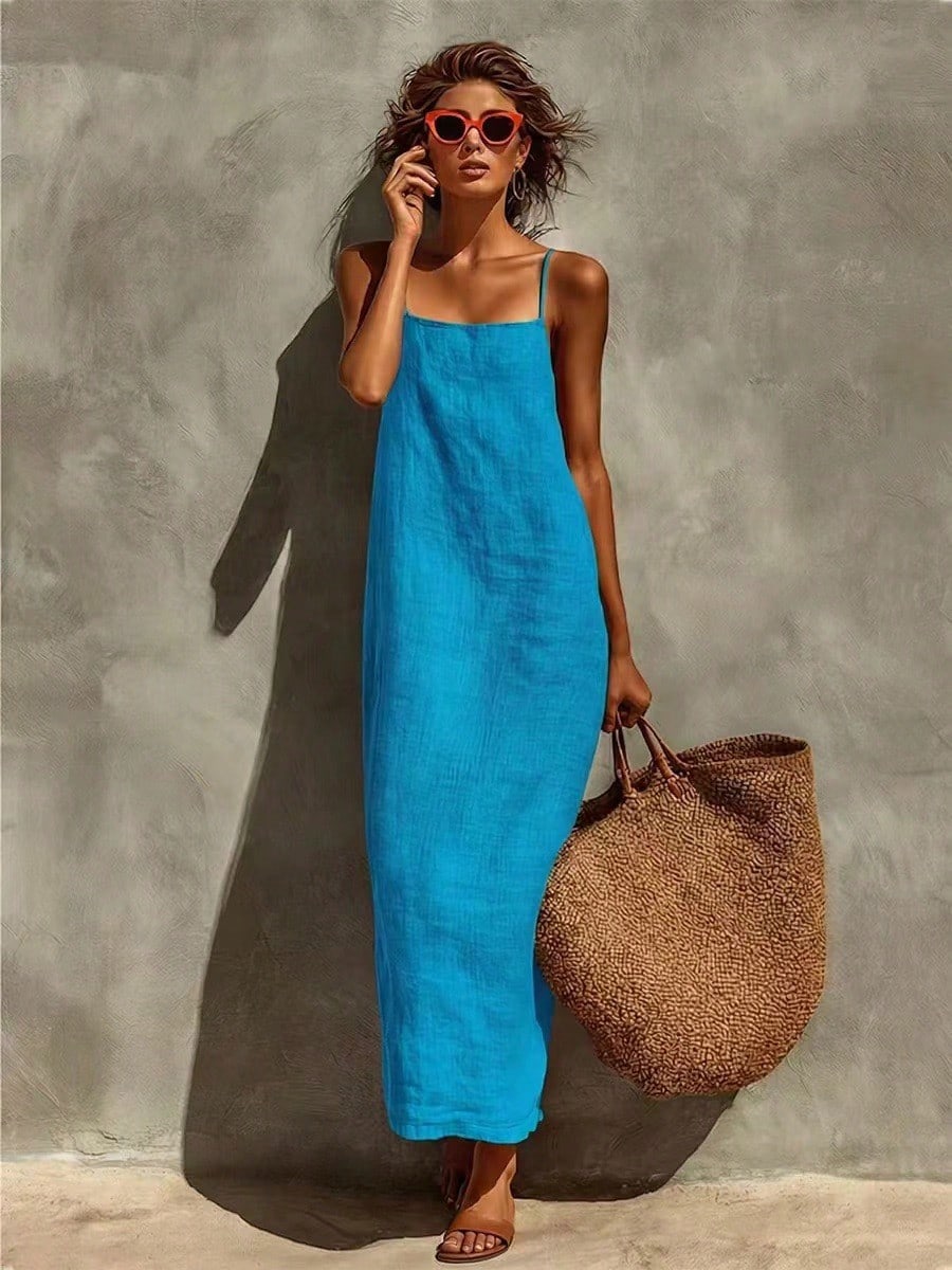 KZKZWK Women's Linen Blend Slip Maxi Dress, Square Neck Sleeveless