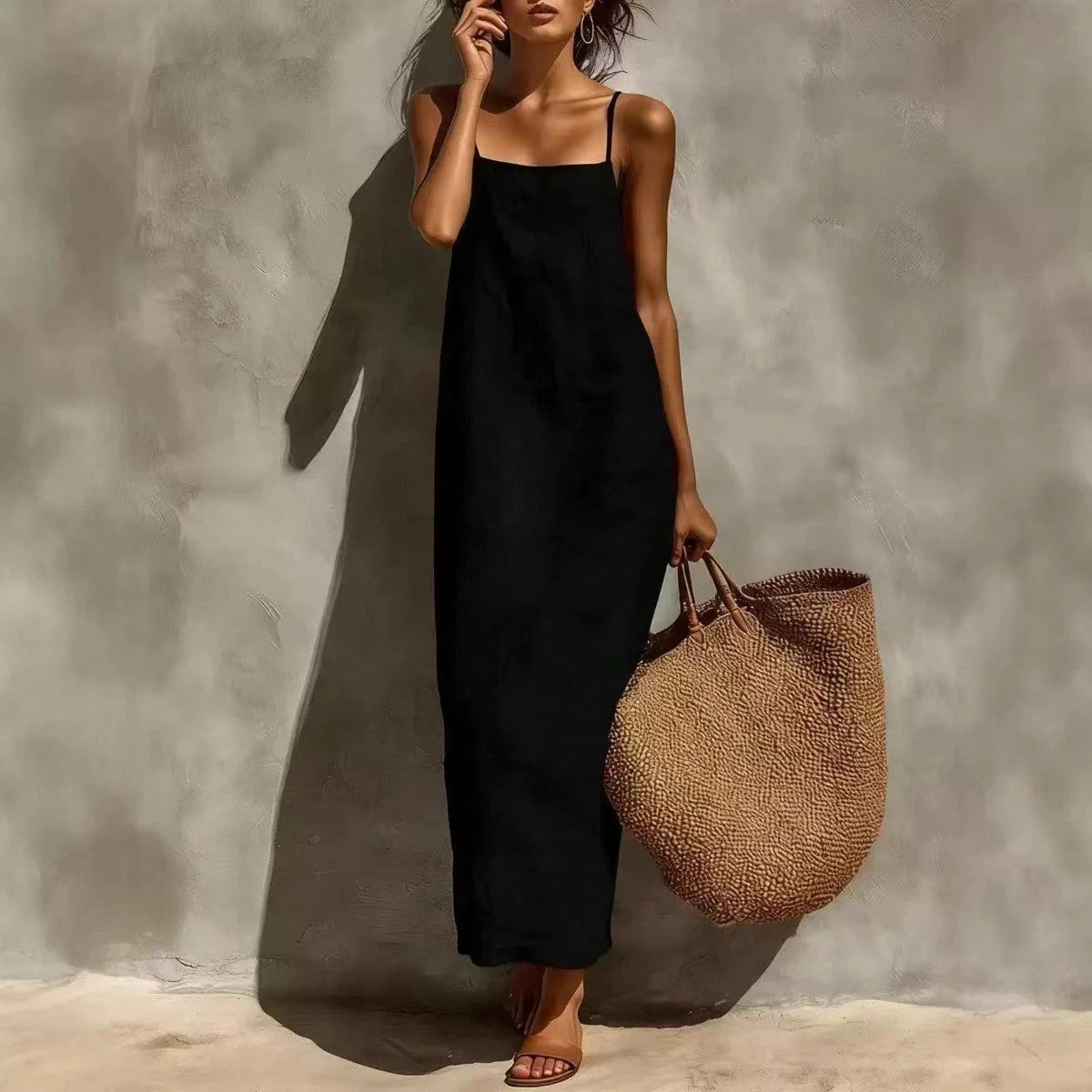 KZKZWK Women's Linen Blend Slip Maxi Dress, Square Neck Sleeveless