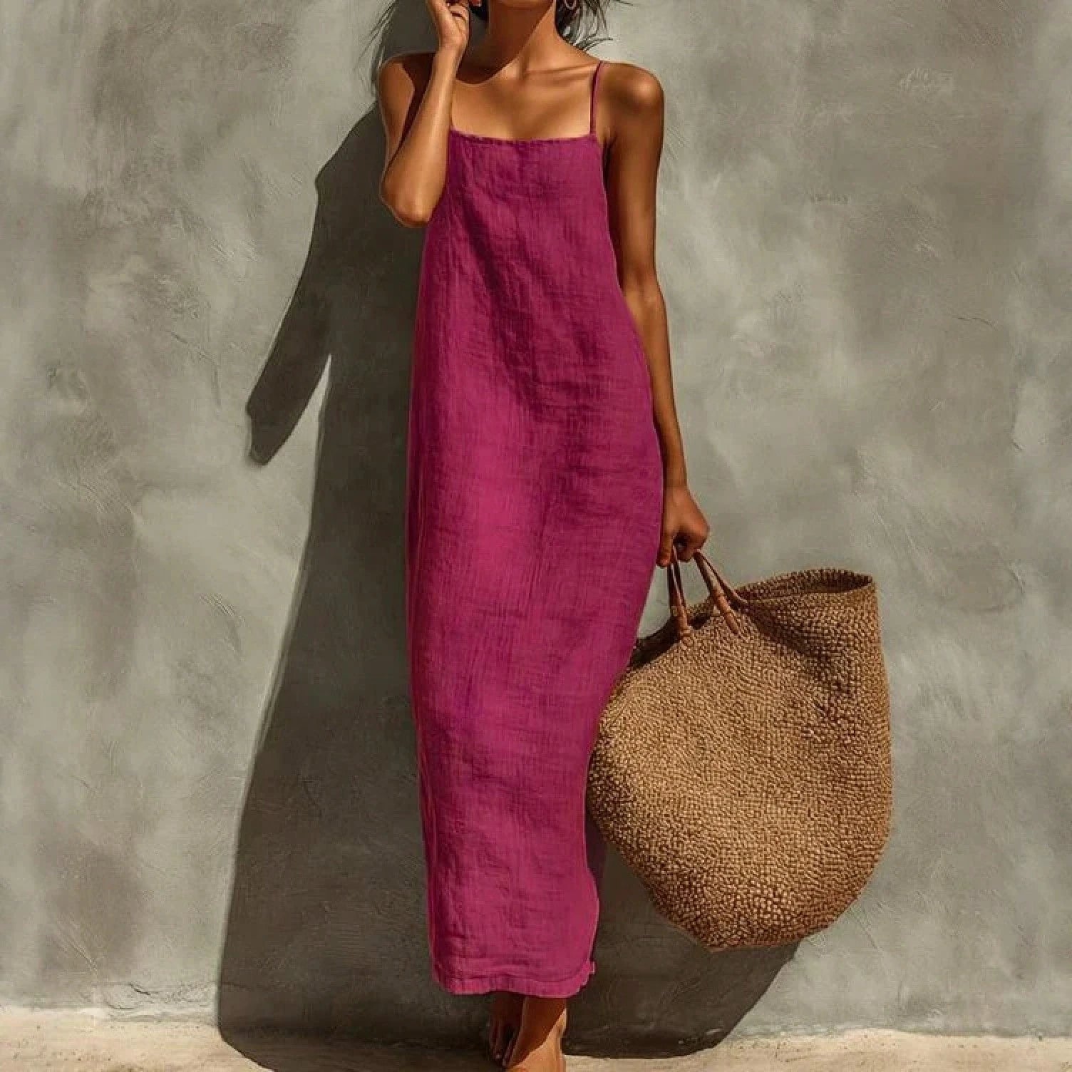 KZKZWK Women's Linen Blend Slip Maxi Dress, Square Neck Sleeveless