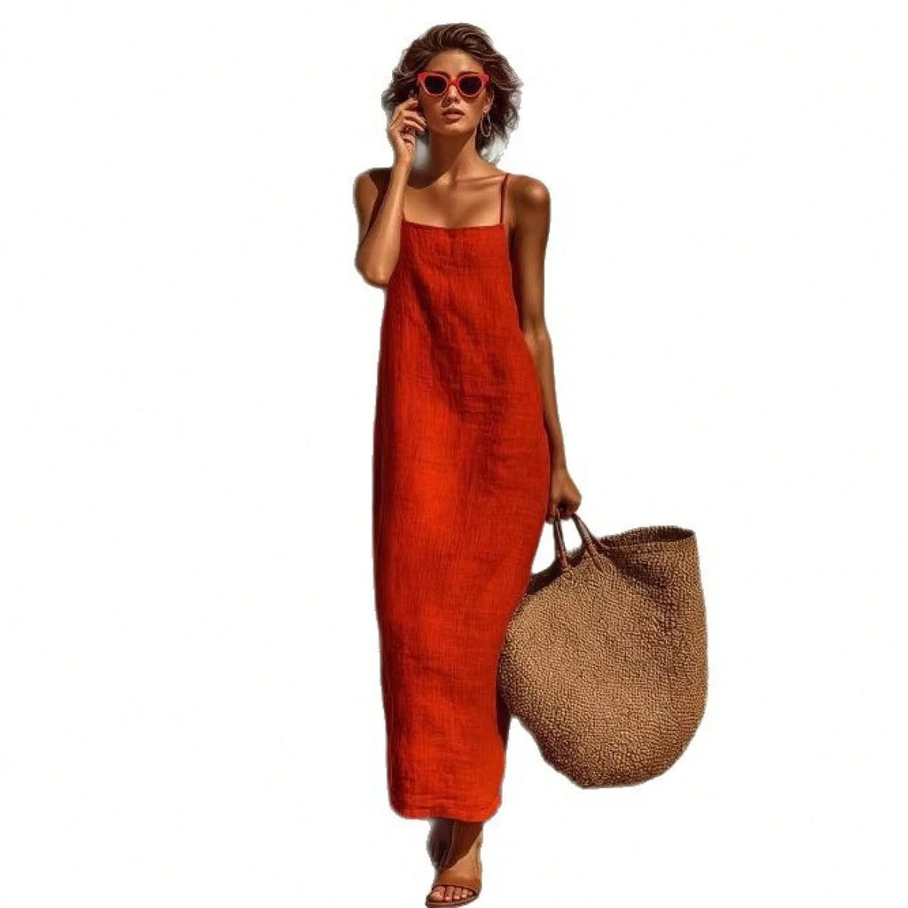 KZKZWK Women's Linen Blend Slip Maxi Dress, Square Neck Sleeveless