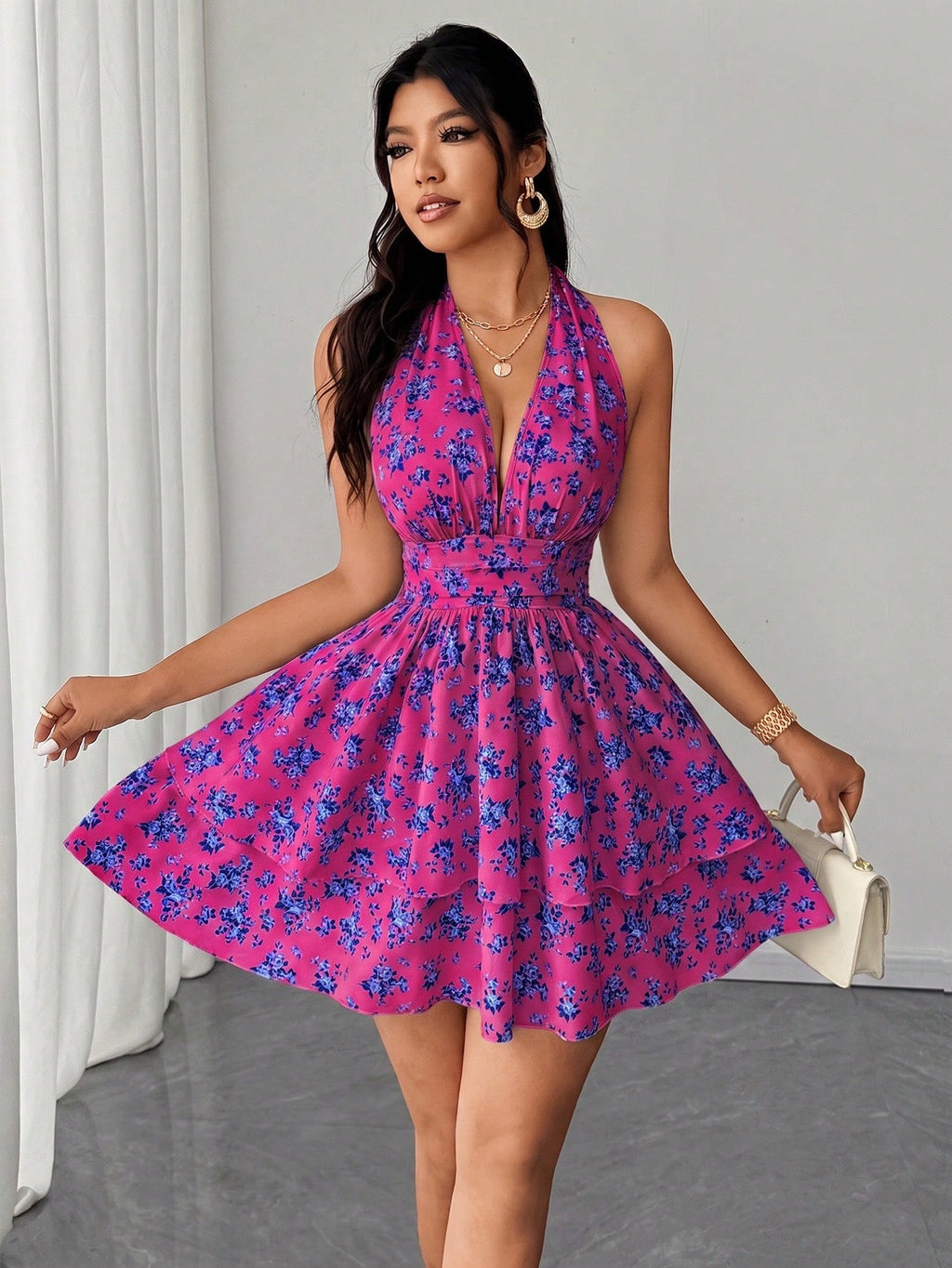 Rafferiza Women's White And Blue Floral Print Halter Neck Dress,Summer Boho Elegant Sleeveless V-Neck Waist - image 3