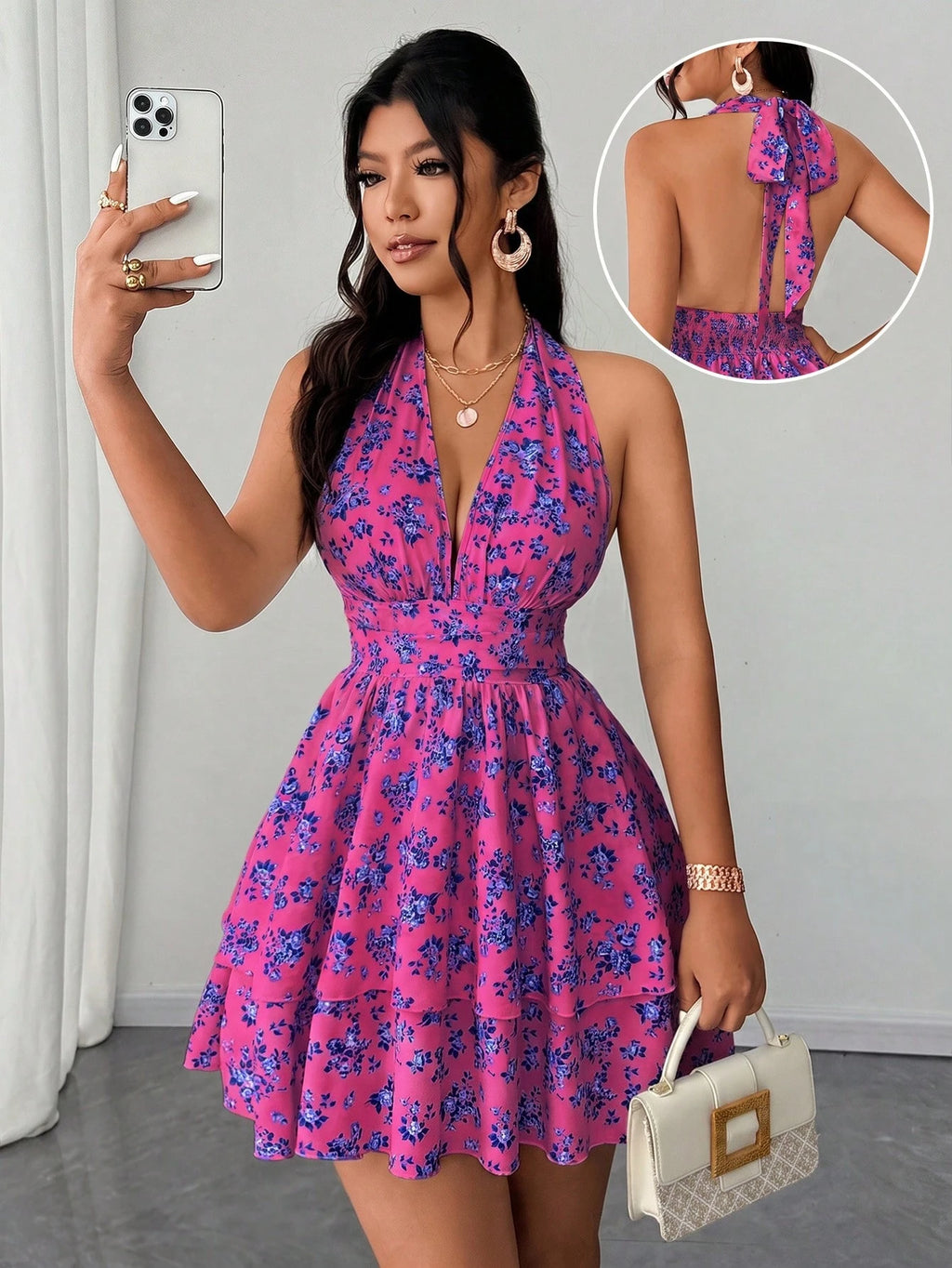 Rafferiza Women's White And Blue Floral Print Halter Neck Dress,Summer Boho Elegant Sleeveless V-Neck Waist - image 4