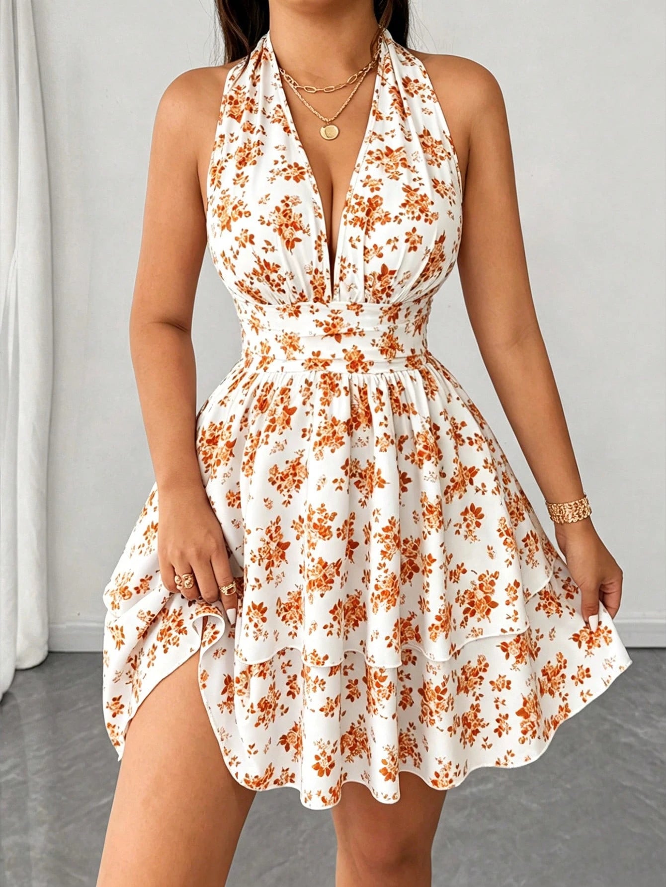 Rafferiza Women's White And Blue Floral Print Halter Neck Dress,Summer Boho Elegant Sleeveless V-Neck Waist - image 16