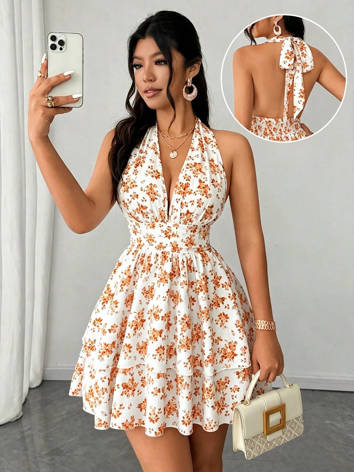 Rafferiza Women's White And Blue Floral Print Halter Neck Dress,Summer Boho Elegant Sleeveless V-Neck Waist - image 17