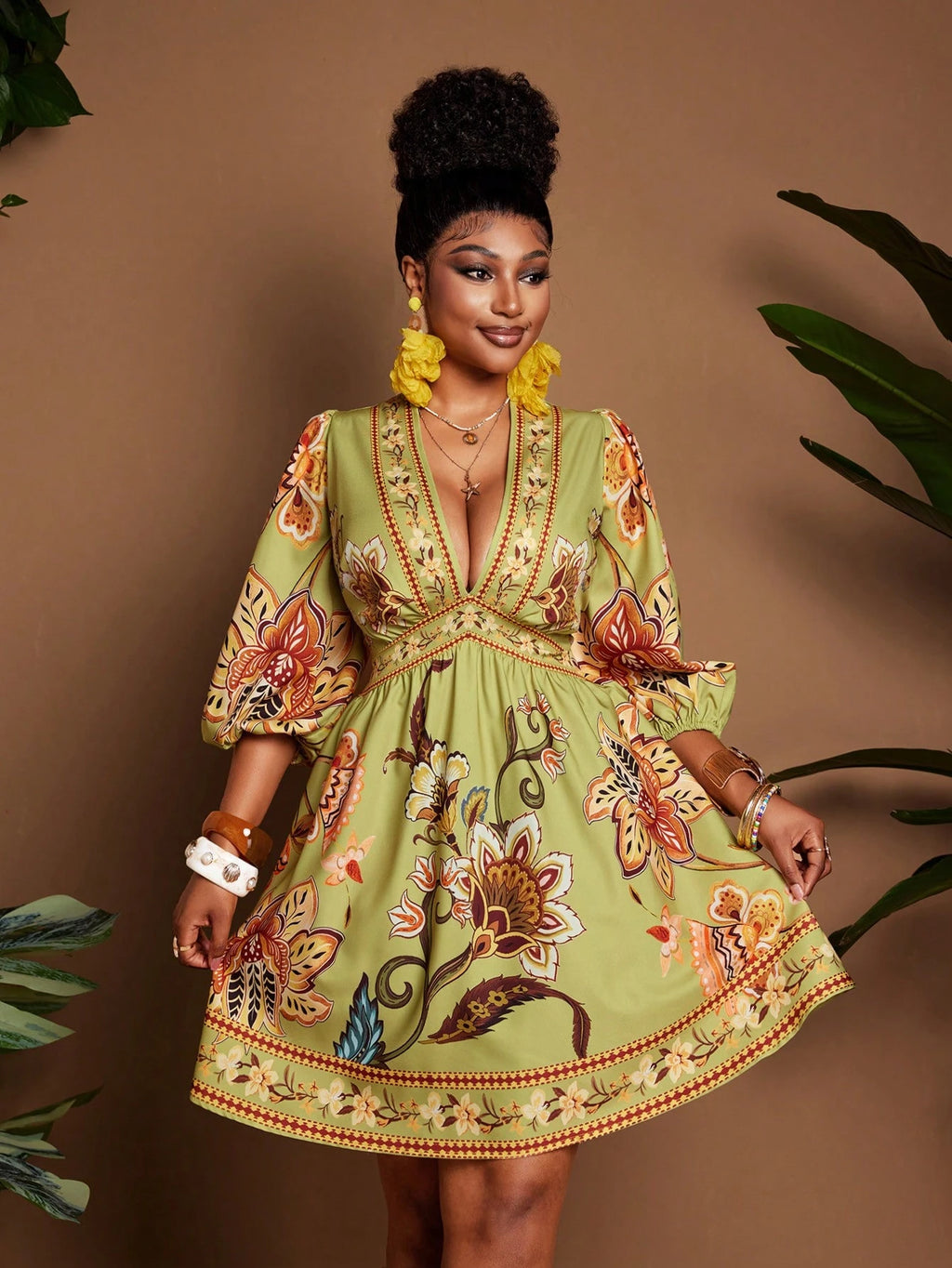 Women's Deep V-Neck Floral Print Ruched Casual Tropical Party Vacation Mini Dress Green Floral Autumn - image 3