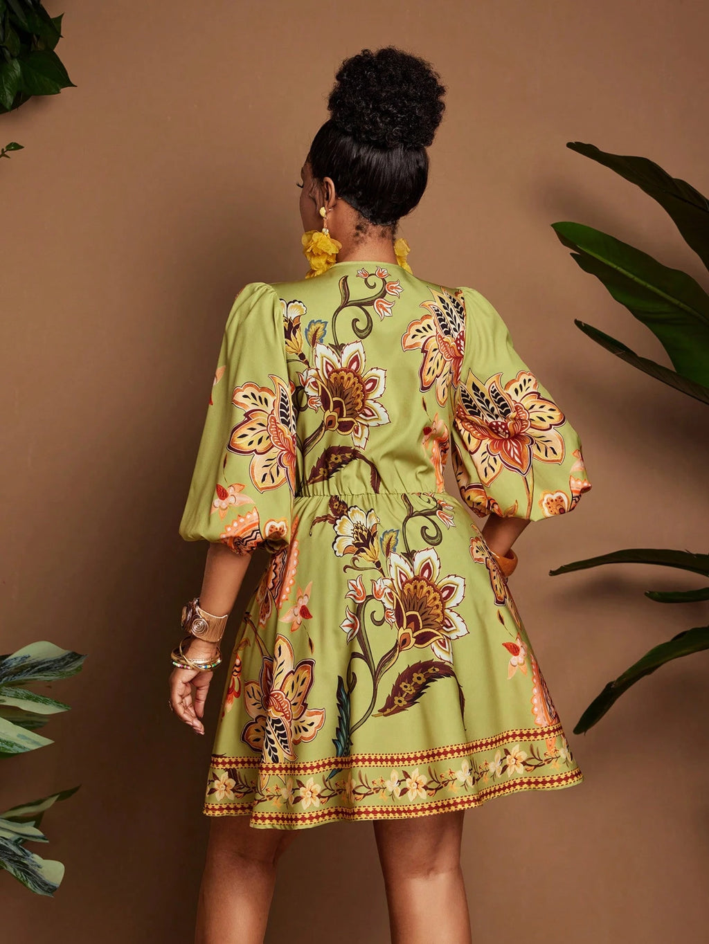 Women's Deep V-Neck Floral Print Ruched Casual Tropical Party Vacation Mini Dress Green Floral Autumn - image 2