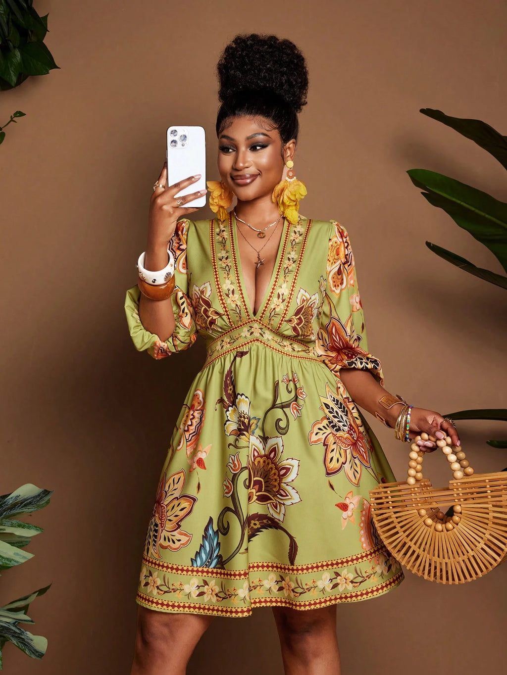 Women's Deep V-Neck Floral Print Ruched Casual Tropical Party Vacation Mini Dress Green Floral Autumn - image 5