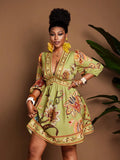 Women's Deep V-Neck Floral Print Ruched Casual Tropical Party Vacation Mini Dress Green Floral Autumn