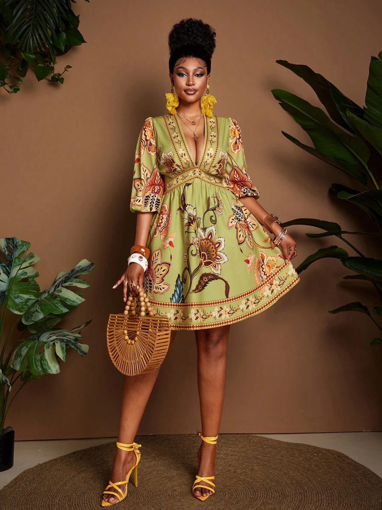 Women's Deep V-Neck Floral Print Ruched Casual Tropical Party Vacation Mini Dress Green Floral Autumn - image 6
