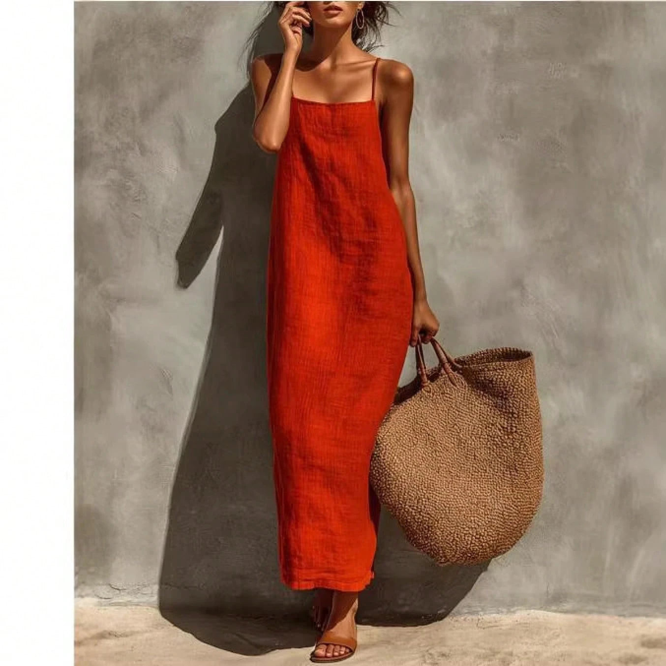 KZKZWK Women's Linen Blend Slip Maxi Dress, Square Neck Sleeveless