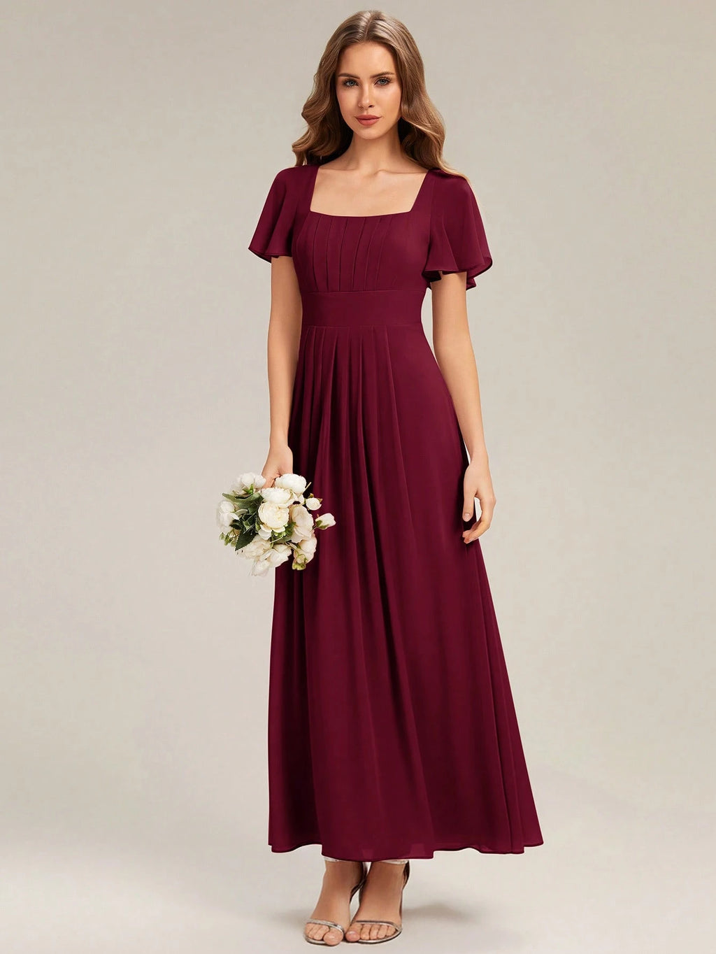 EVERPRETTY Elegant Chiffon Short Sleeve Square Neck Bridesmaid Dress, Autumn Wedding Guest Evening Gown, - image 15