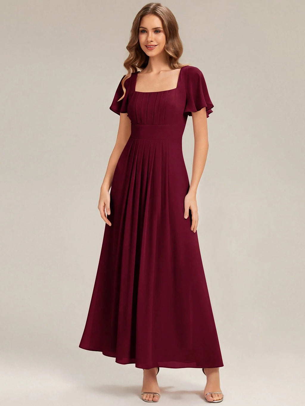 EVERPRETTY Elegant Chiffon Short Sleeve Square Neck Bridesmaid Dress, Autumn Wedding Guest Evening Gown, - image 16