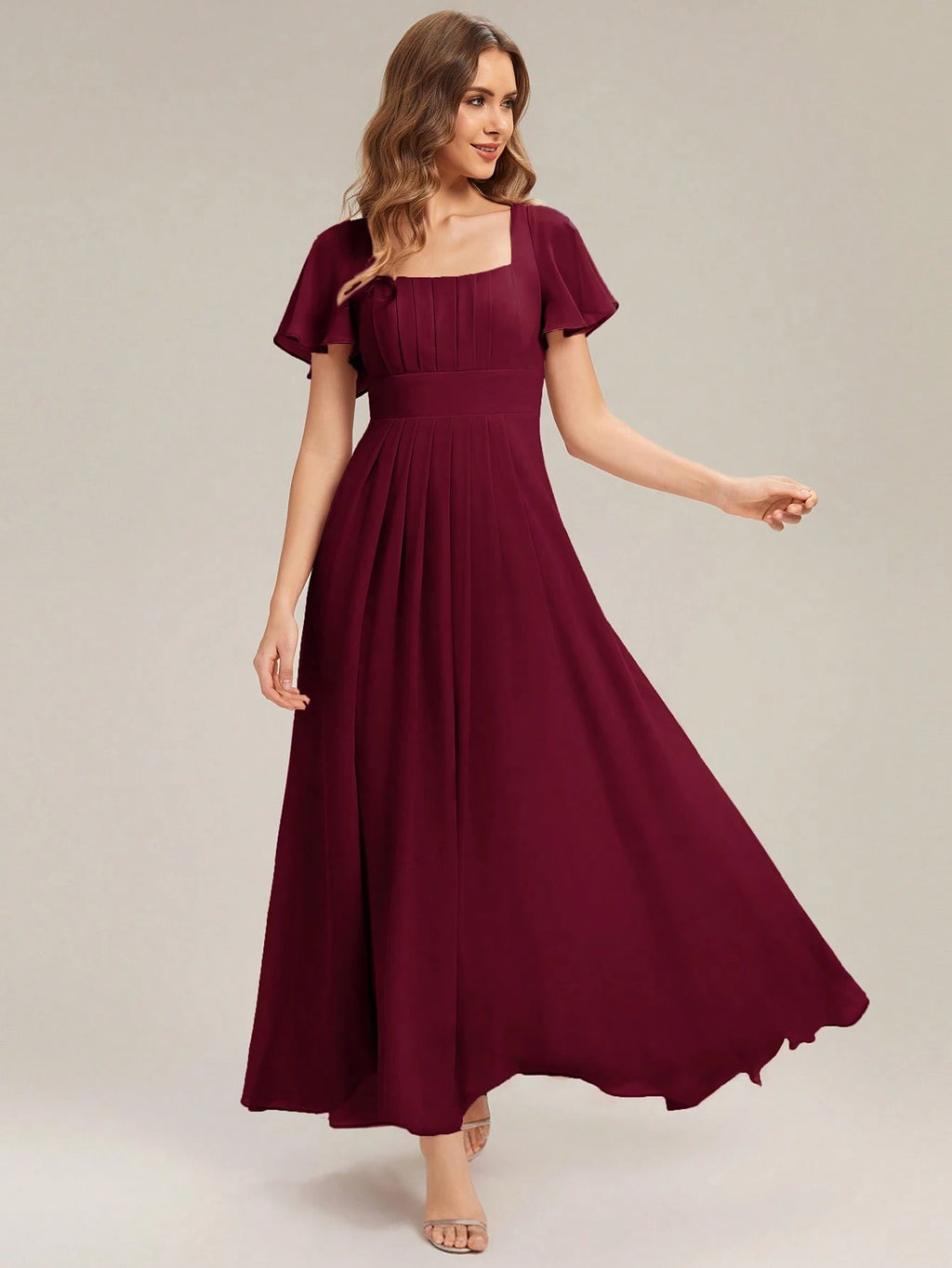 EVERPRETTY Elegant Chiffon Short Sleeve Square Neck Bridesmaid Dress, Autumn Wedding Guest Evening Gown, - image 13