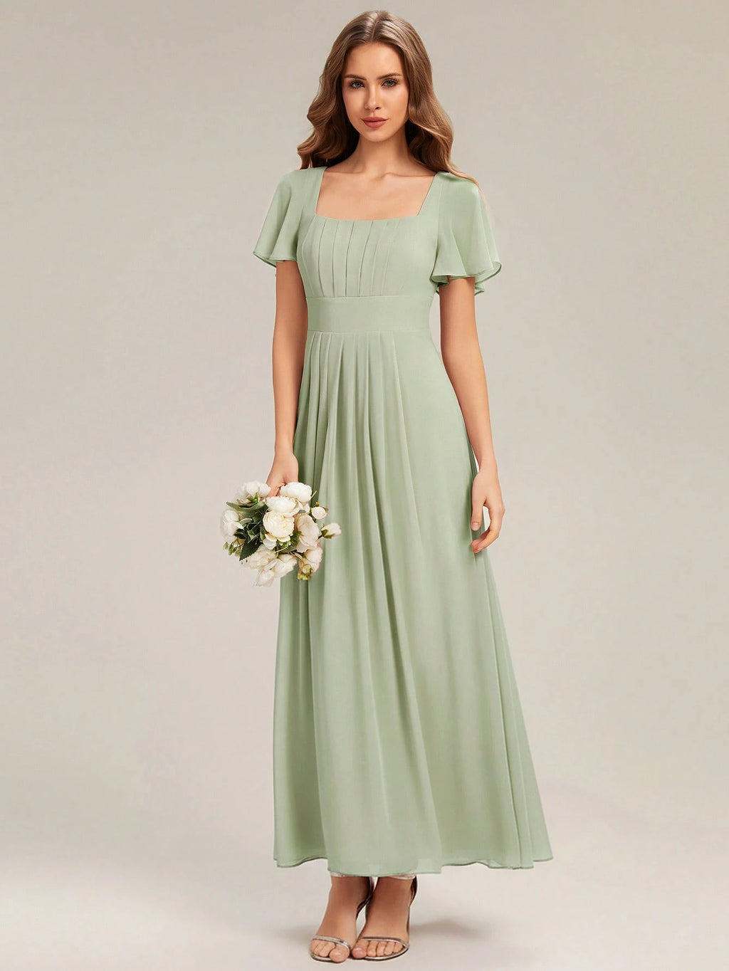 EVERPRETTY Elegant Chiffon Short Sleeve Square Neck Bridesmaid Dress, Autumn Wedding Guest Evening Gown, - image 4