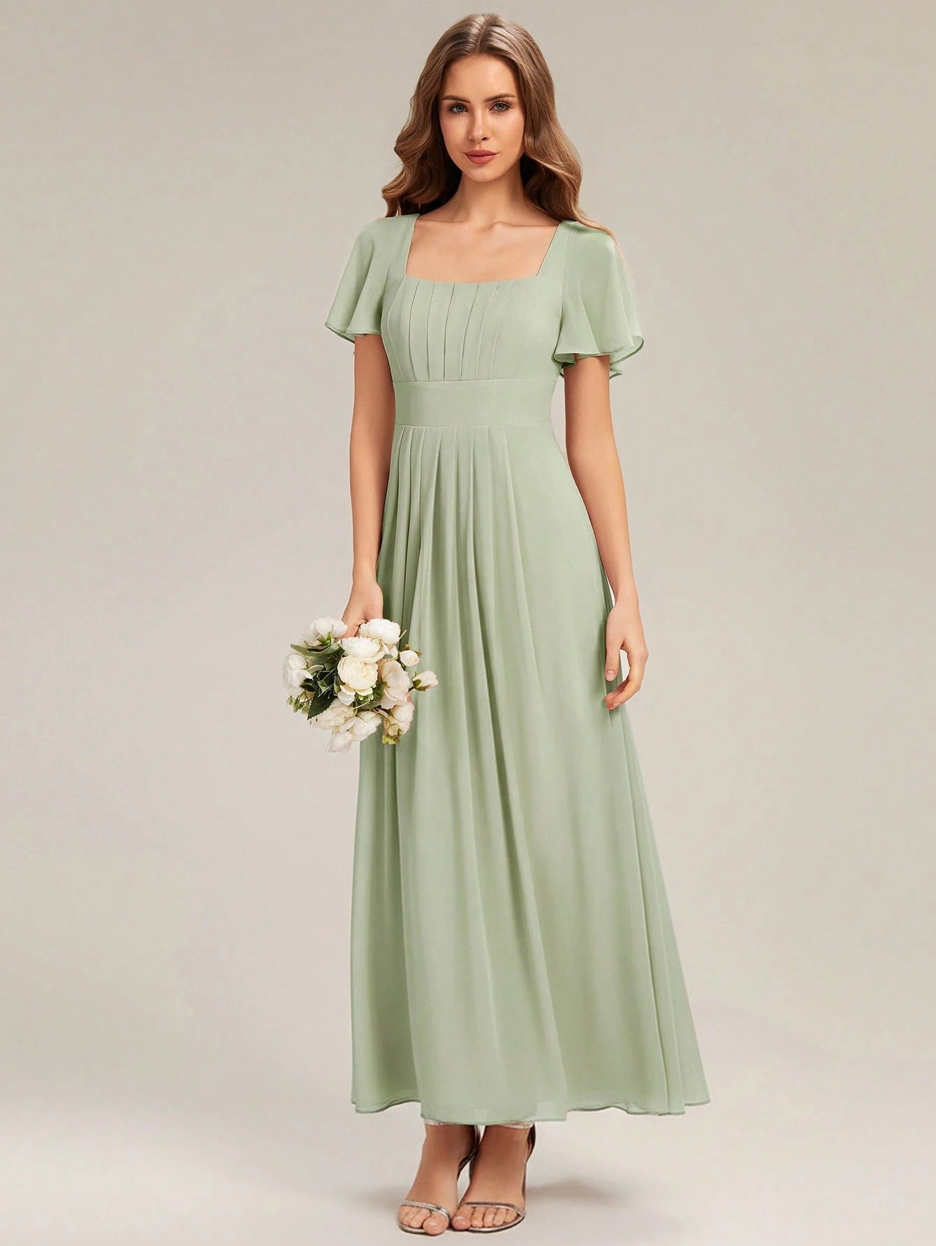EVERPRETTY Elegant Chiffon Short Sleeve Square Neck Bridesmaid Dress, Autumn Wedding Guest Evening Gown, - image 4
