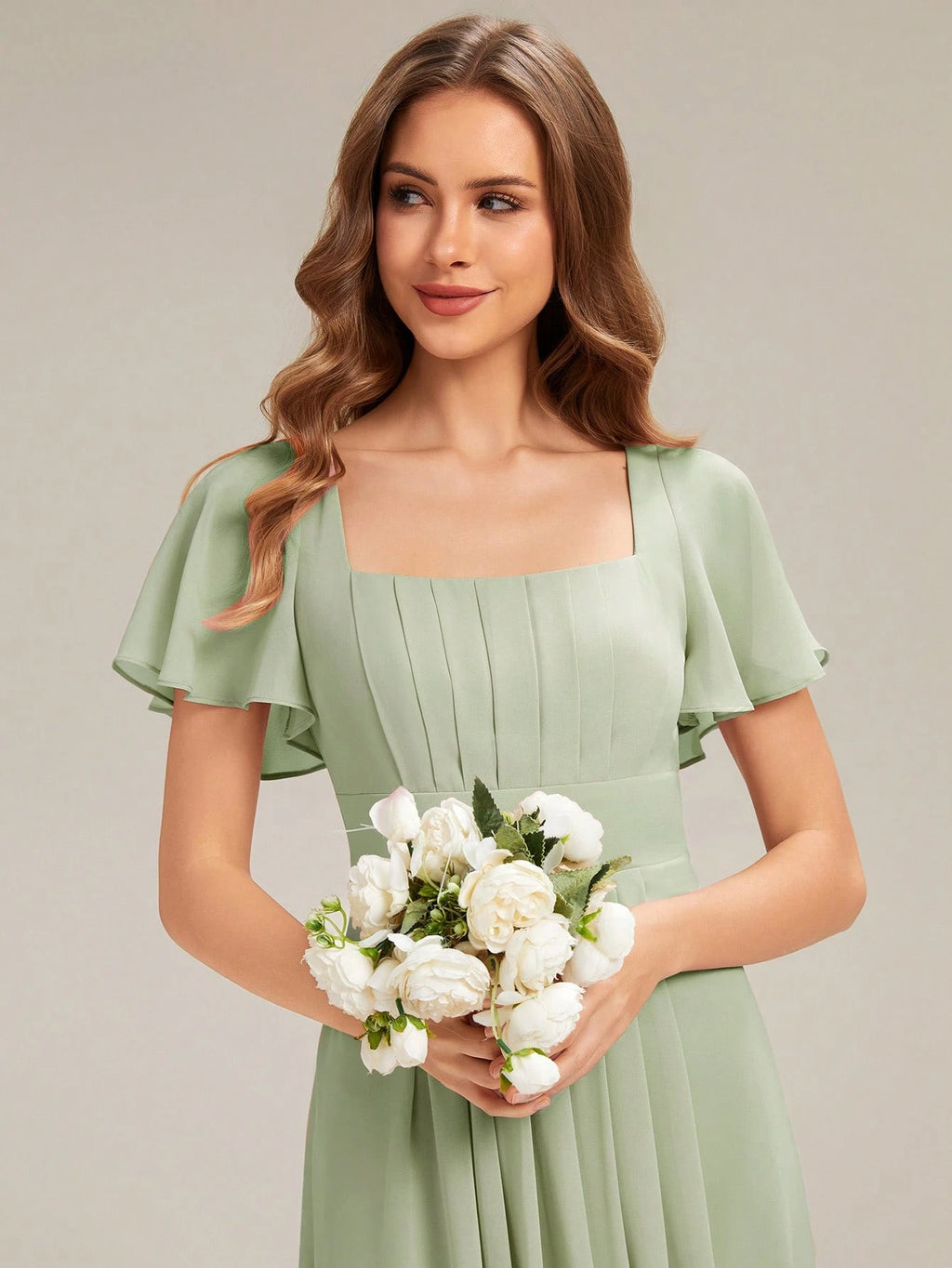 EVERPRETTY Elegant Chiffon Short Sleeve Square Neck Bridesmaid Dress, Autumn Wedding Guest Evening Gown, - image 6