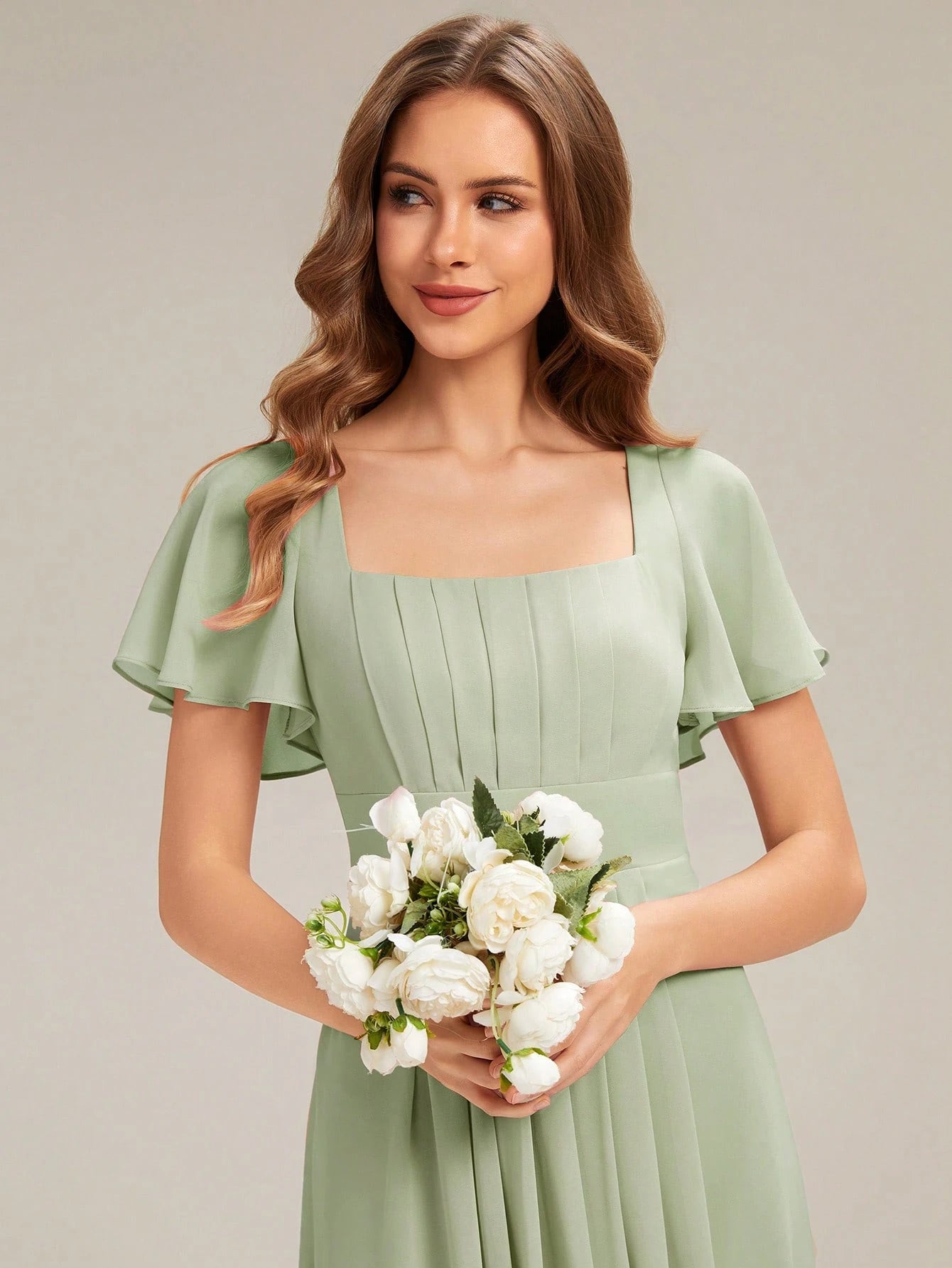 EVERPRETTY Elegant Chiffon Short Sleeve Square Neck Bridesmaid Dress, Autumn Wedding Guest Evening Gown, - image 6