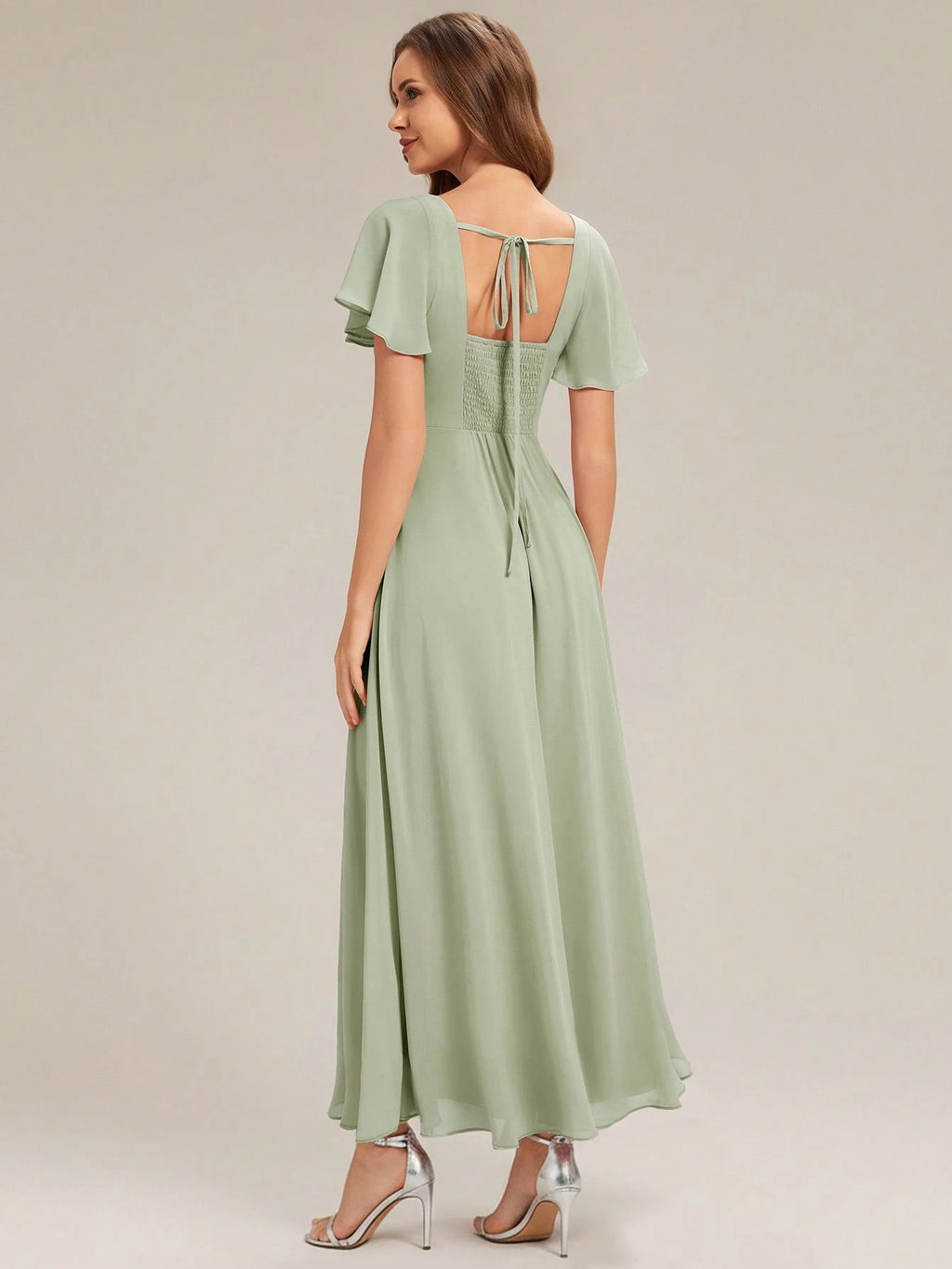 EVERPRETTY Elegant Chiffon Short Sleeve Square Neck Bridesmaid Dress, Autumn Wedding Guest Evening Gown, - image 3