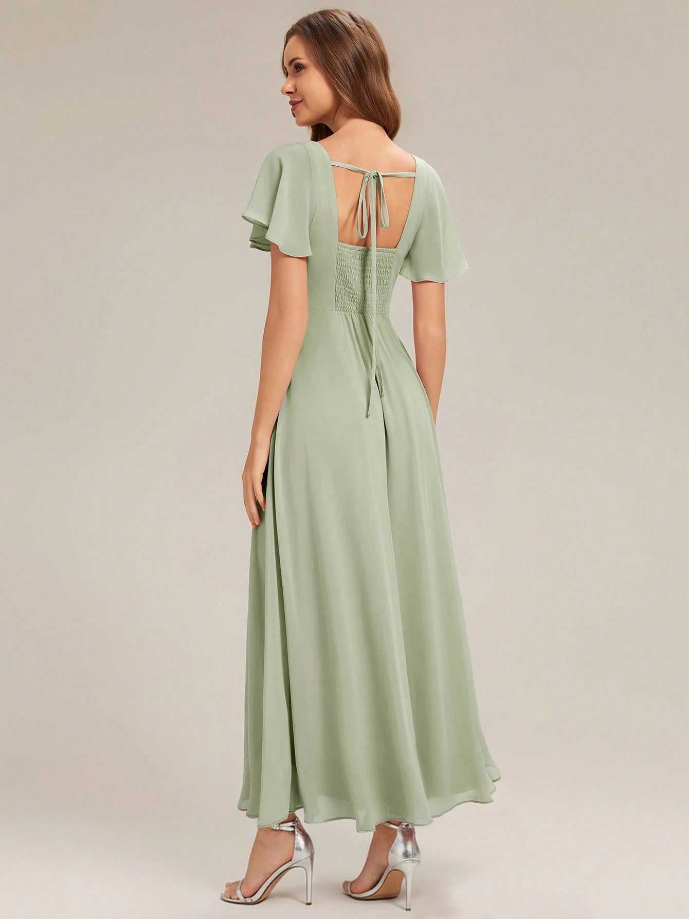 EVERPRETTY Elegant Chiffon Short Sleeve Square Neck Bridesmaid Dress, Autumn Wedding Guest Evening Gown, - image 3