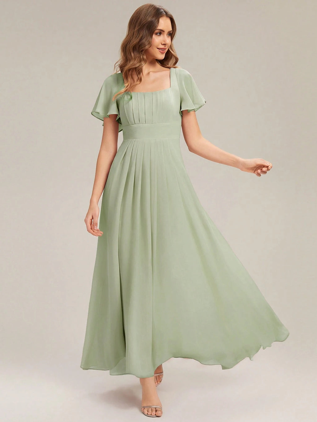 EVERPRETTY Elegant Chiffon Short Sleeve Square Neck Bridesmaid Dress, Autumn Wedding Guest Evening Gown, - image 2