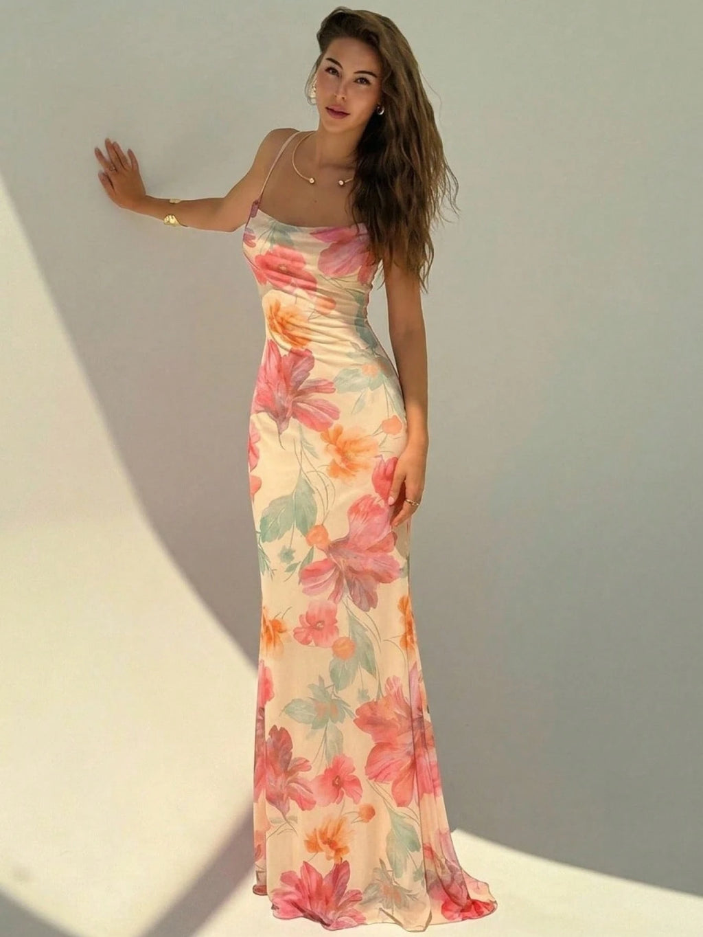Aloruh New Arrival Holiday Style Cream Mesh Print Elegant Flowy Tropical Backless Maxi Bohemian Dress, Summer - image 3