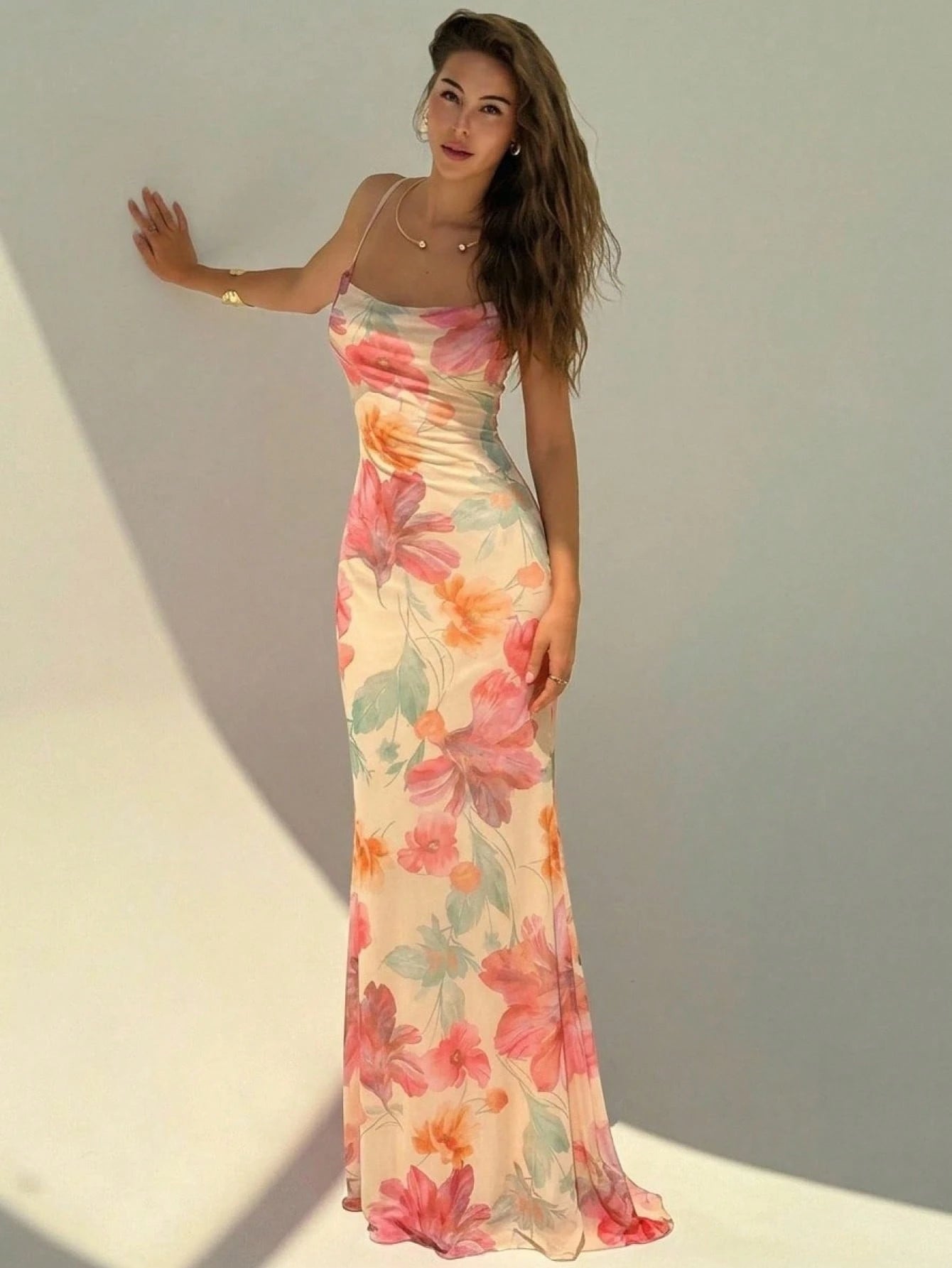 Aloruh New Arrival Holiday Style Cream Mesh Print Elegant Flowy Tropical Backless Maxi Bohemian Dress, Summer - image 3