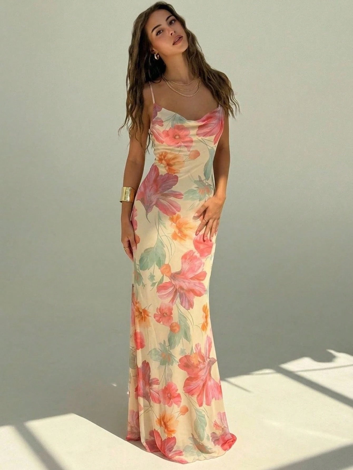 Aloruh New Arrival Holiday Style Cream Mesh Print Elegant Flowy Tropical Backless Maxi Bohemian Dress, Summer - image 4