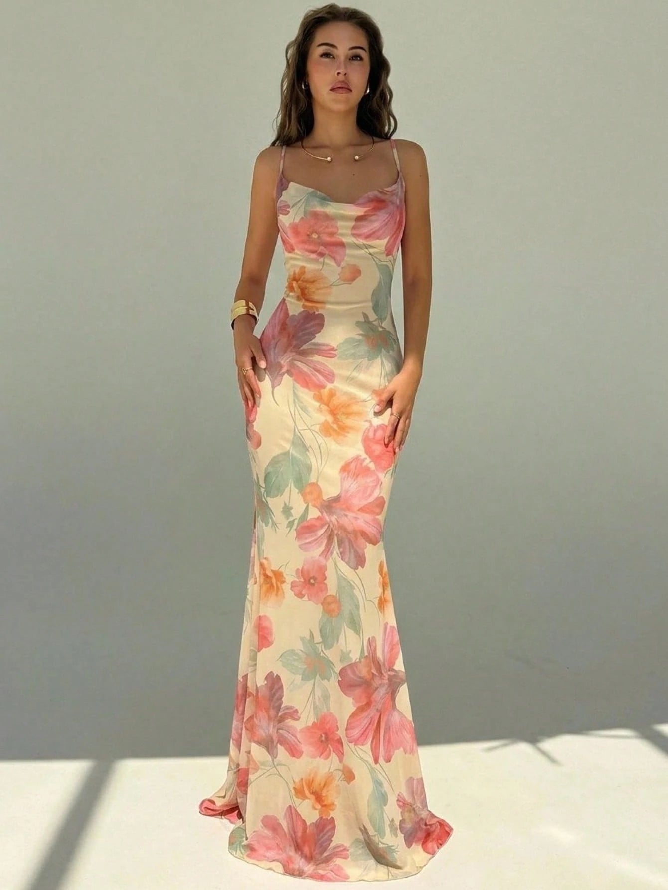 Aloruh New Arrival Holiday Style Cream Mesh Print Elegant Flowy Tropical Backless Maxi Bohemian Dress, Summer - image 7