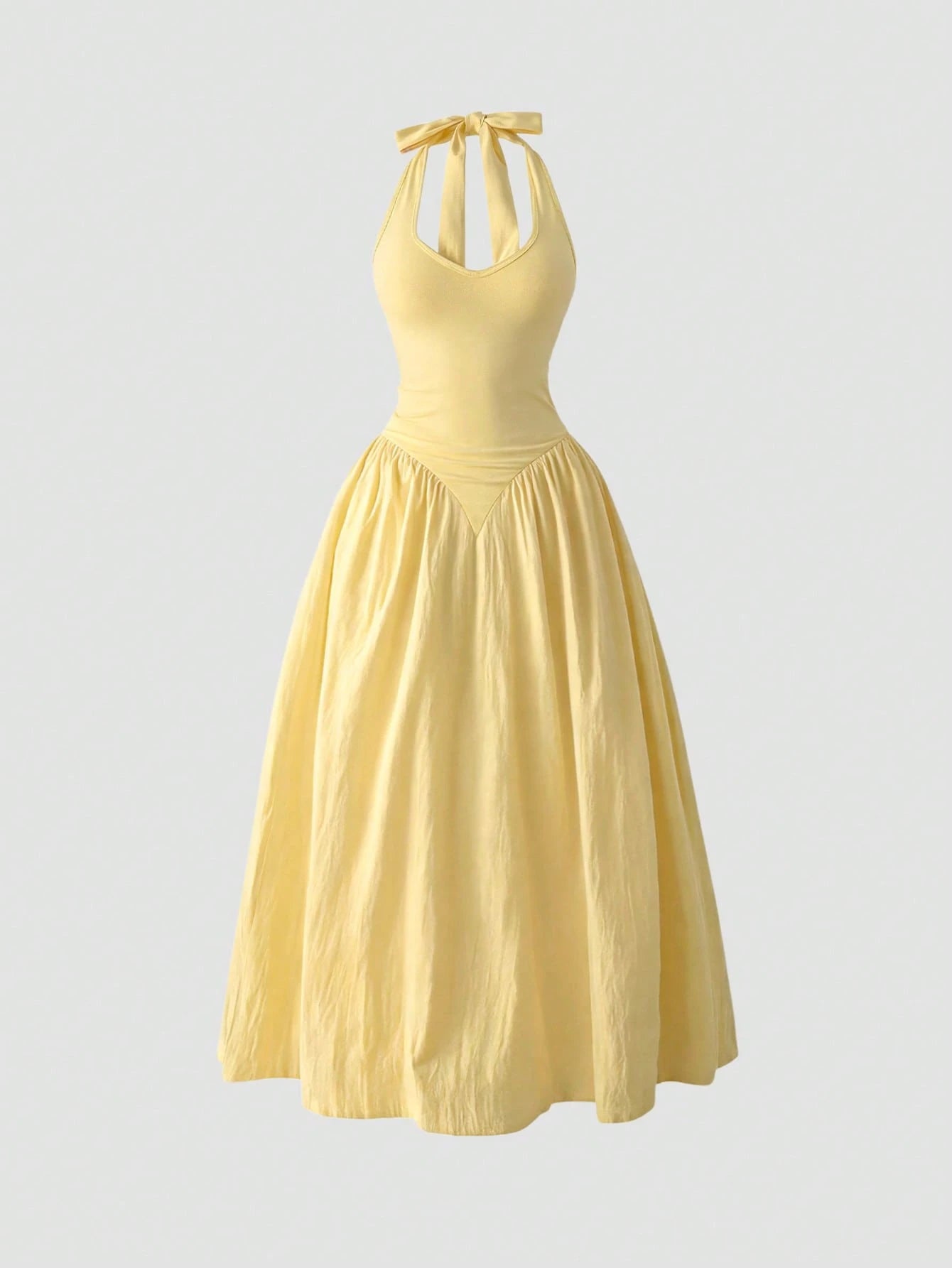 Flirla French Deep V-Neck Sexy Halter Tie-Up Splice Ruched Waist Dress