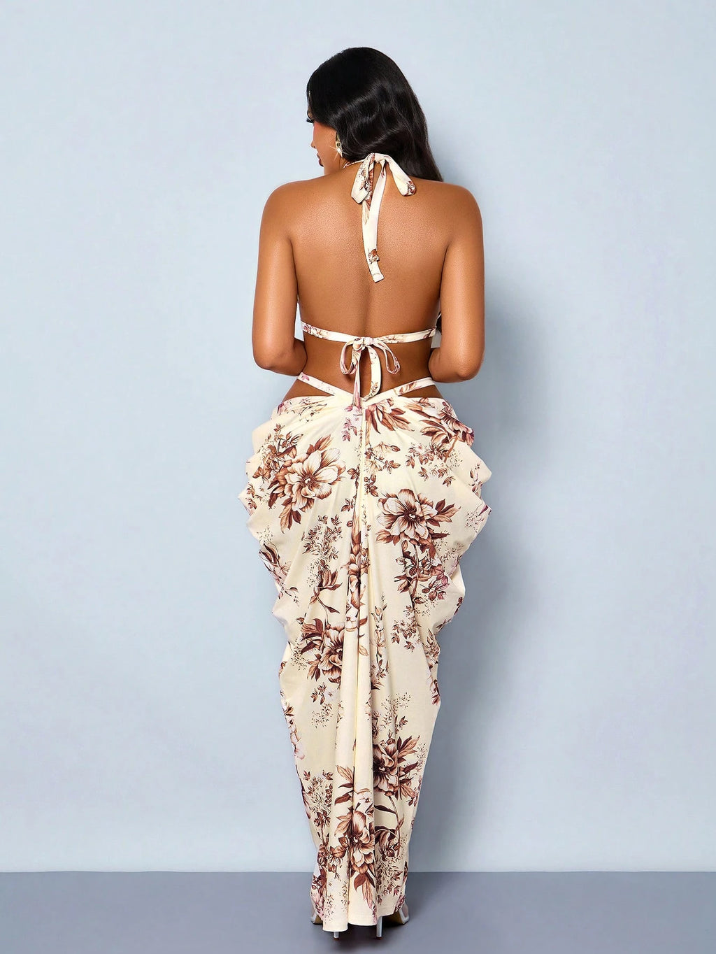 SOLERSUN Women's Elegant Floral Backless Ruched Bodycon Maxi Dress,