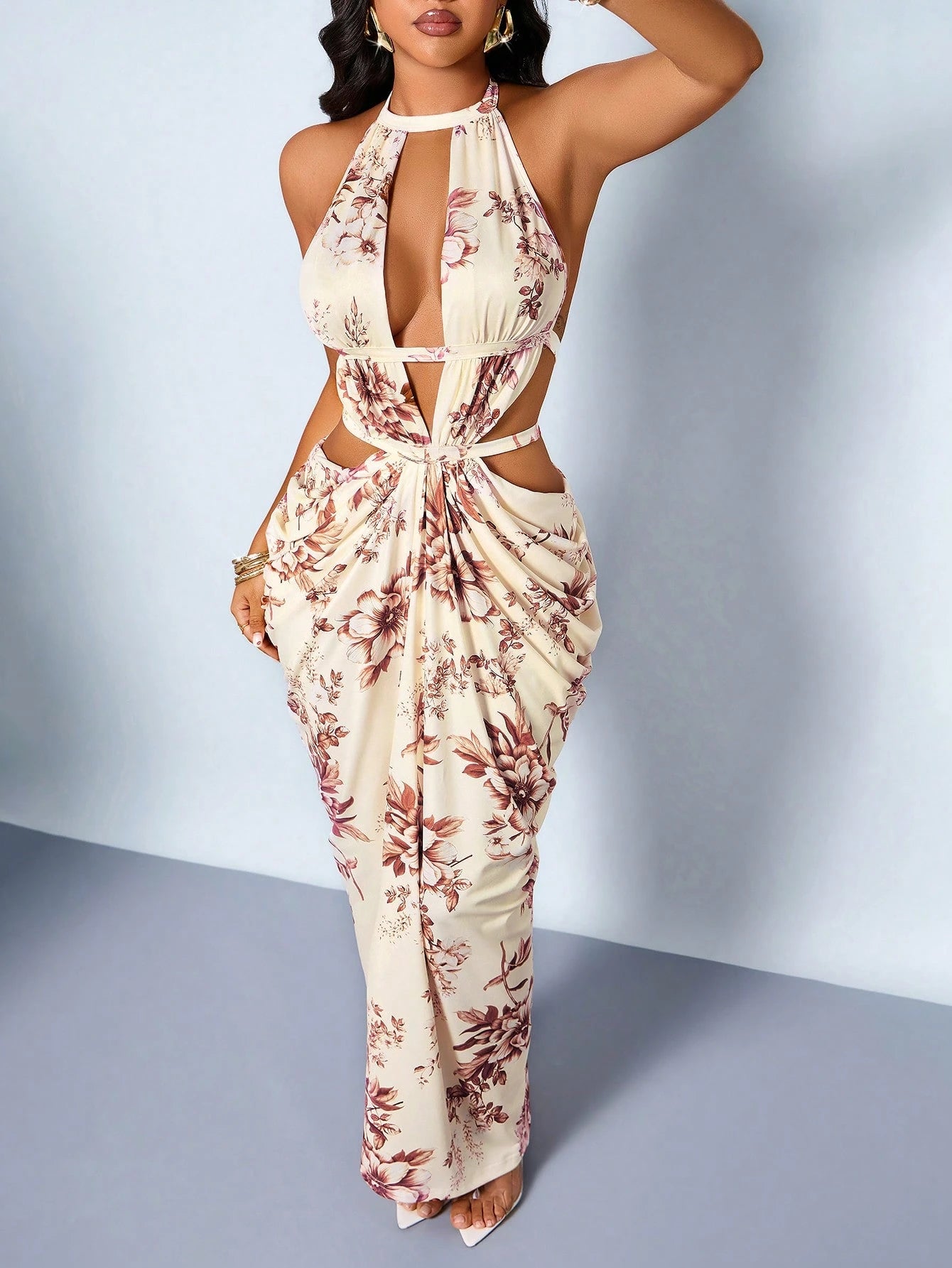SOLERSUN Women's Elegant Floral Backless Ruched Bodycon Maxi Dress,