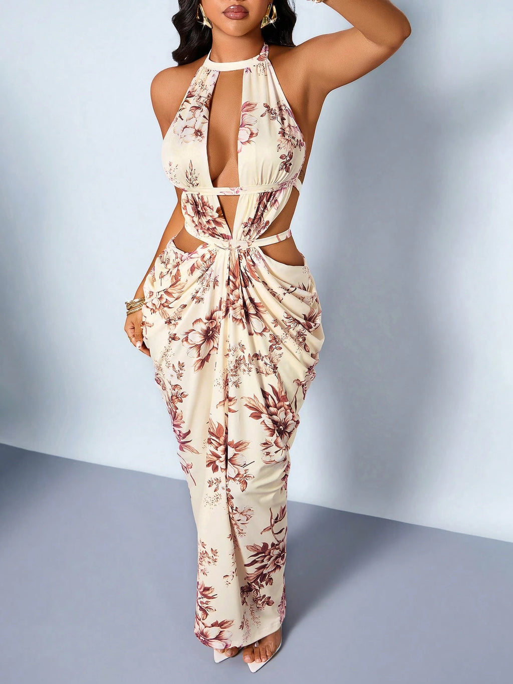 SOLERSUN Women's Elegant Floral Backless Ruched Bodycon Maxi Dress,