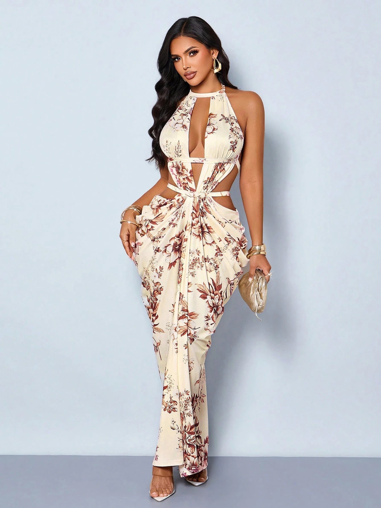 SOLERSUN Women's Elegant Floral Backless Ruched Bodycon Maxi Dress,