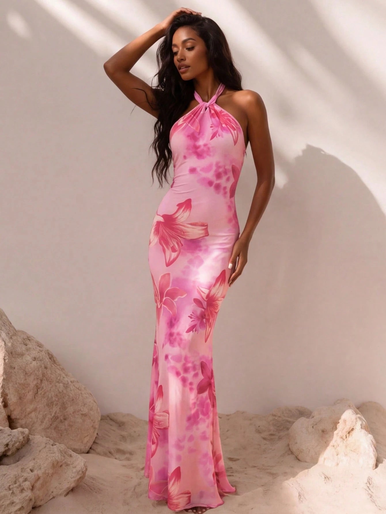 Glamine Women's White Floral Halterneck Back-Twist Backless Slim Fit