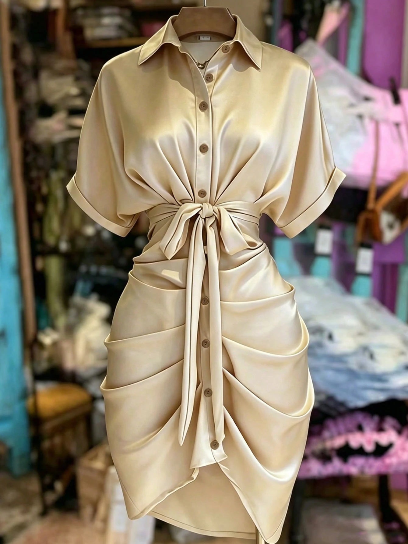 EMERY ROSE Collared Single-Breasted Tie-Waist Short Sleeve Shirt Dress