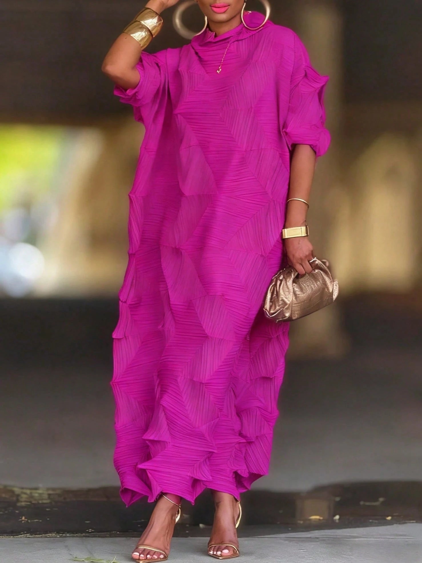 Women's Elegant Textured Midi Dress With Ruffled Design, Pleated High Elastic Fabric-Mid Neck, Mid Sleeve, - image 2