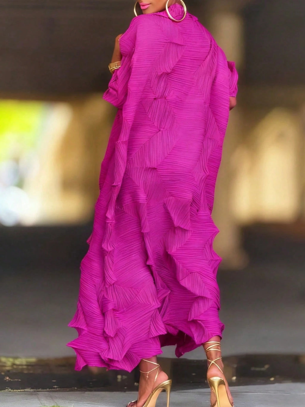 Women's Elegant Textured Midi Dress With Ruffled Design, Pleated High