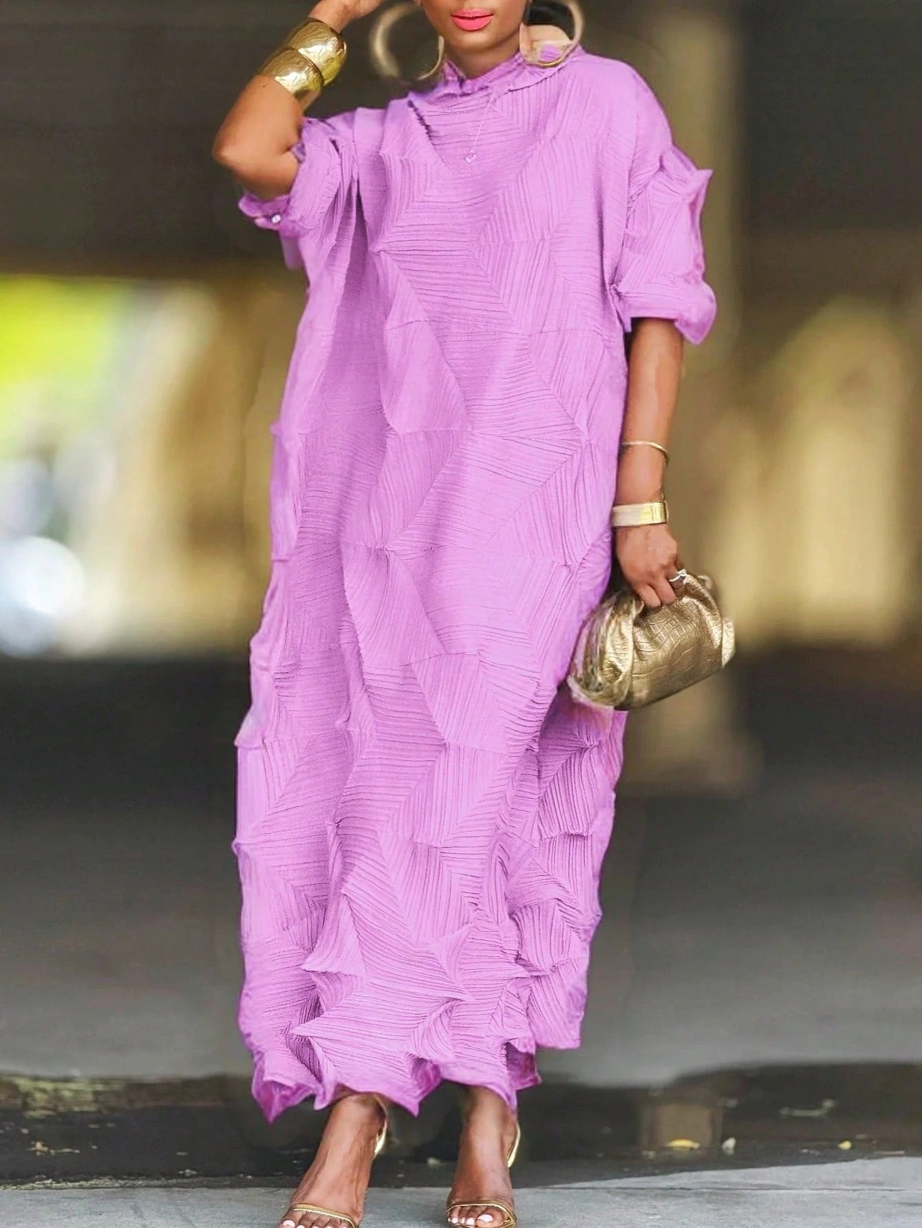Women's Elegant Textured Midi Dress With Ruffled Design, Pleated High