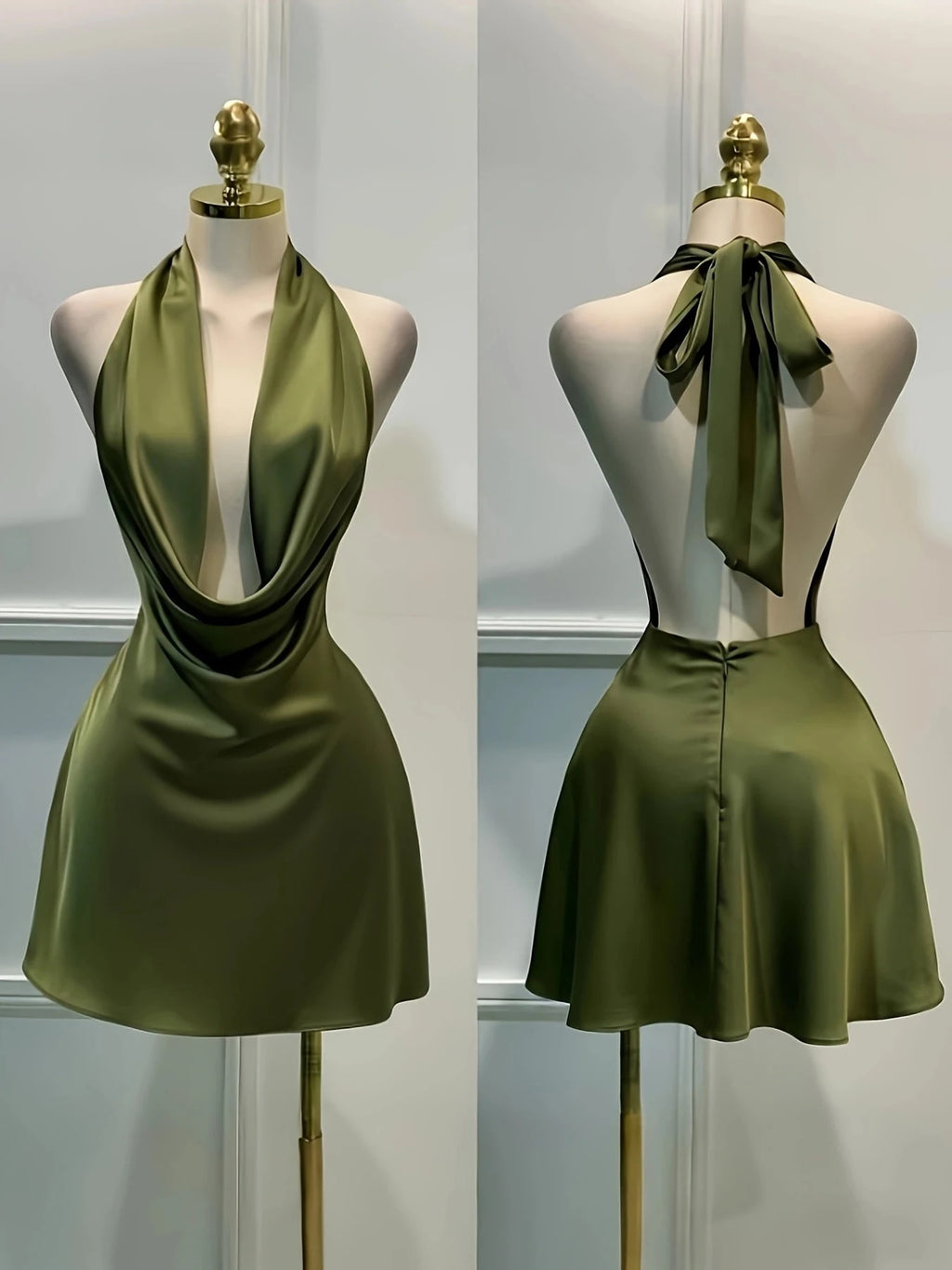 Women's Solid Color Plunging Neckline Backless Sexy Halter Mini Dress