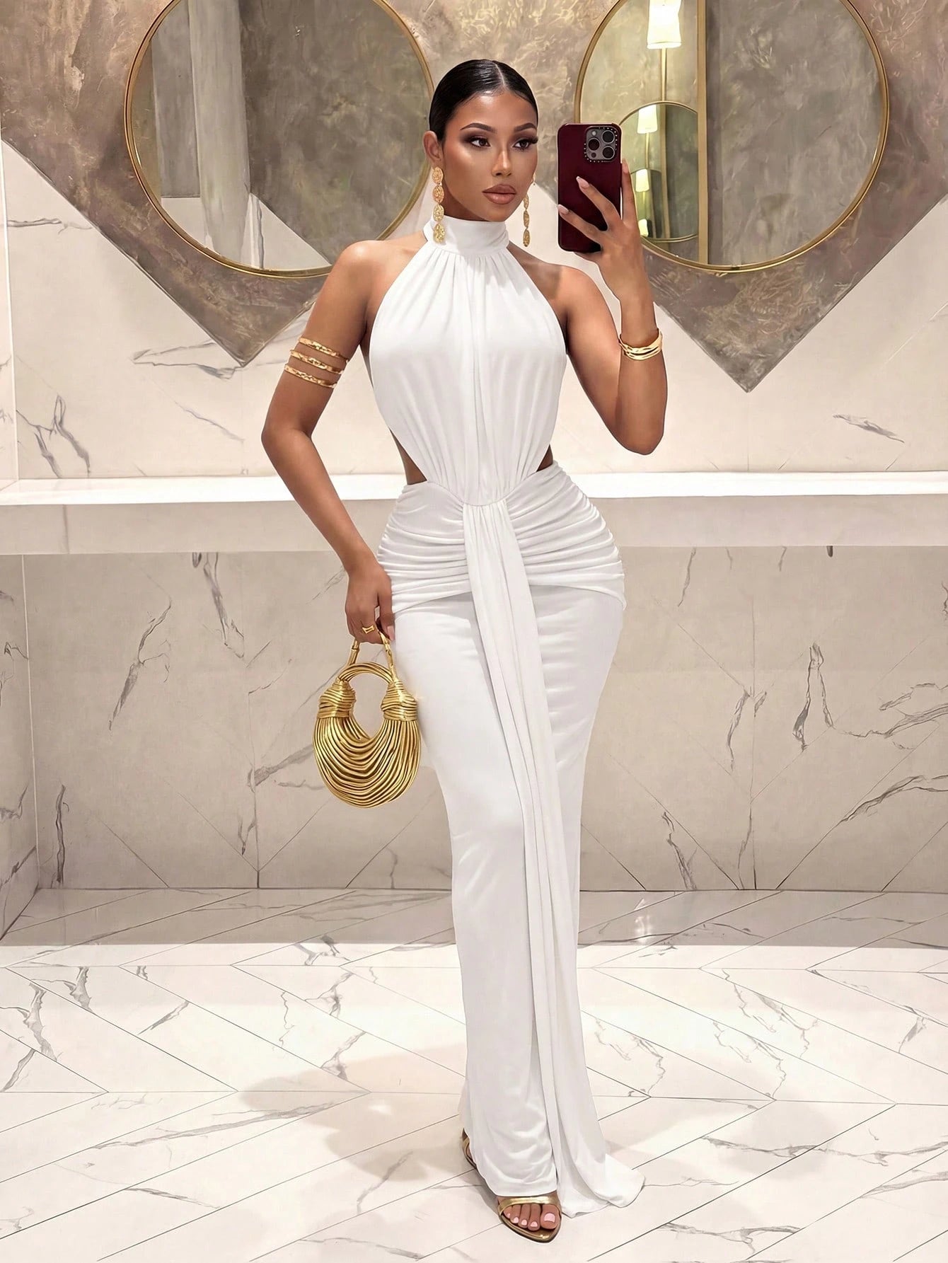 Slaydiva Women's White Backless Long Dress,Elegant Polka Dot French