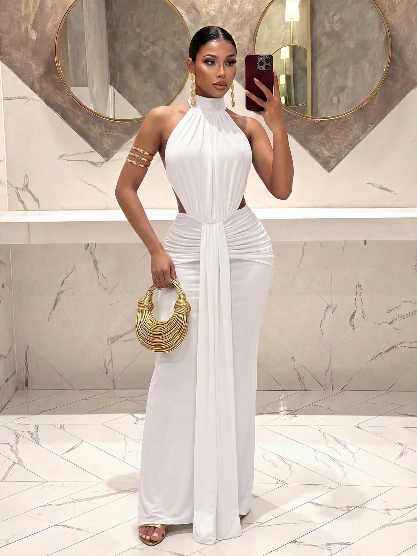Slaydiva Women's White Backless Long Dress,Elegant Polka Dot French