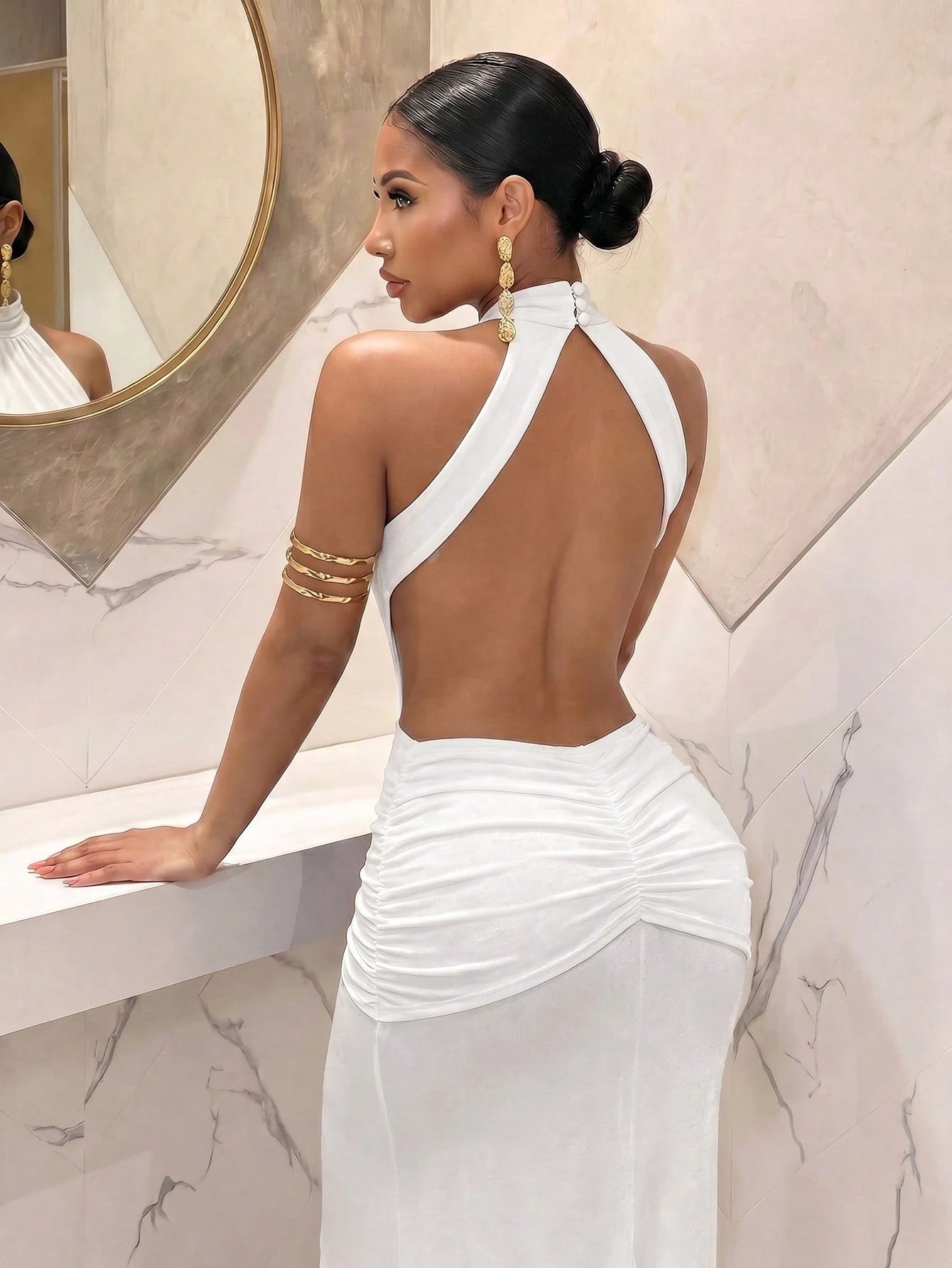 Slaydiva Women's White Backless Long Dress,Elegant Polka Dot French