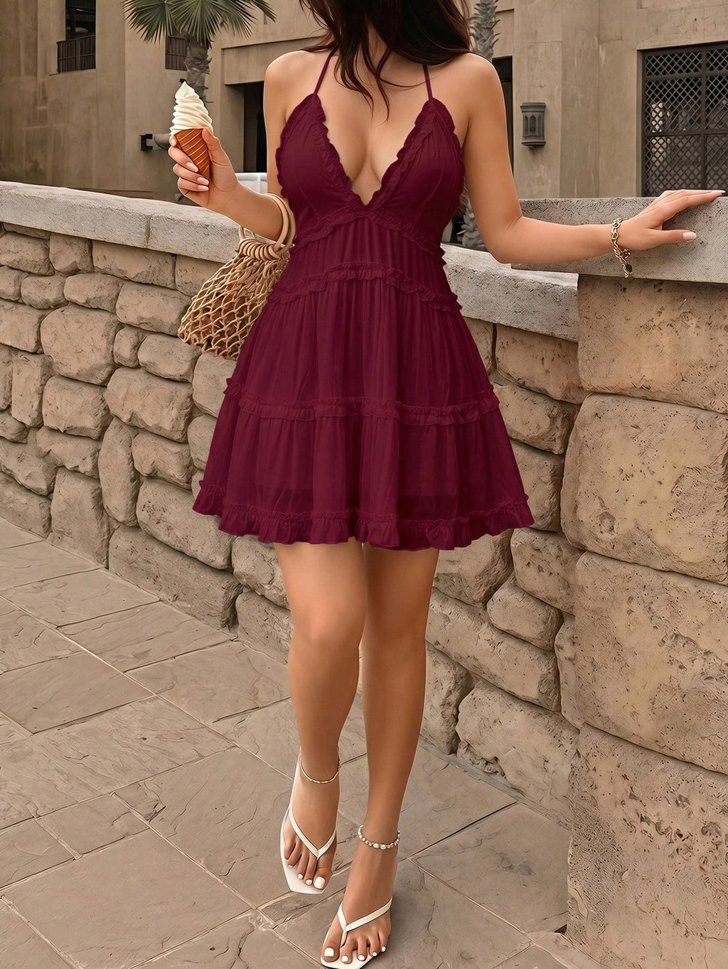 Summer Vacation Outfits Women White Halter Neck Ruffle Tiered Mini