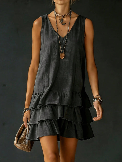 2026 Spring/Summer New V-Neck Ruffle Dress | Sleeveless Layered Short